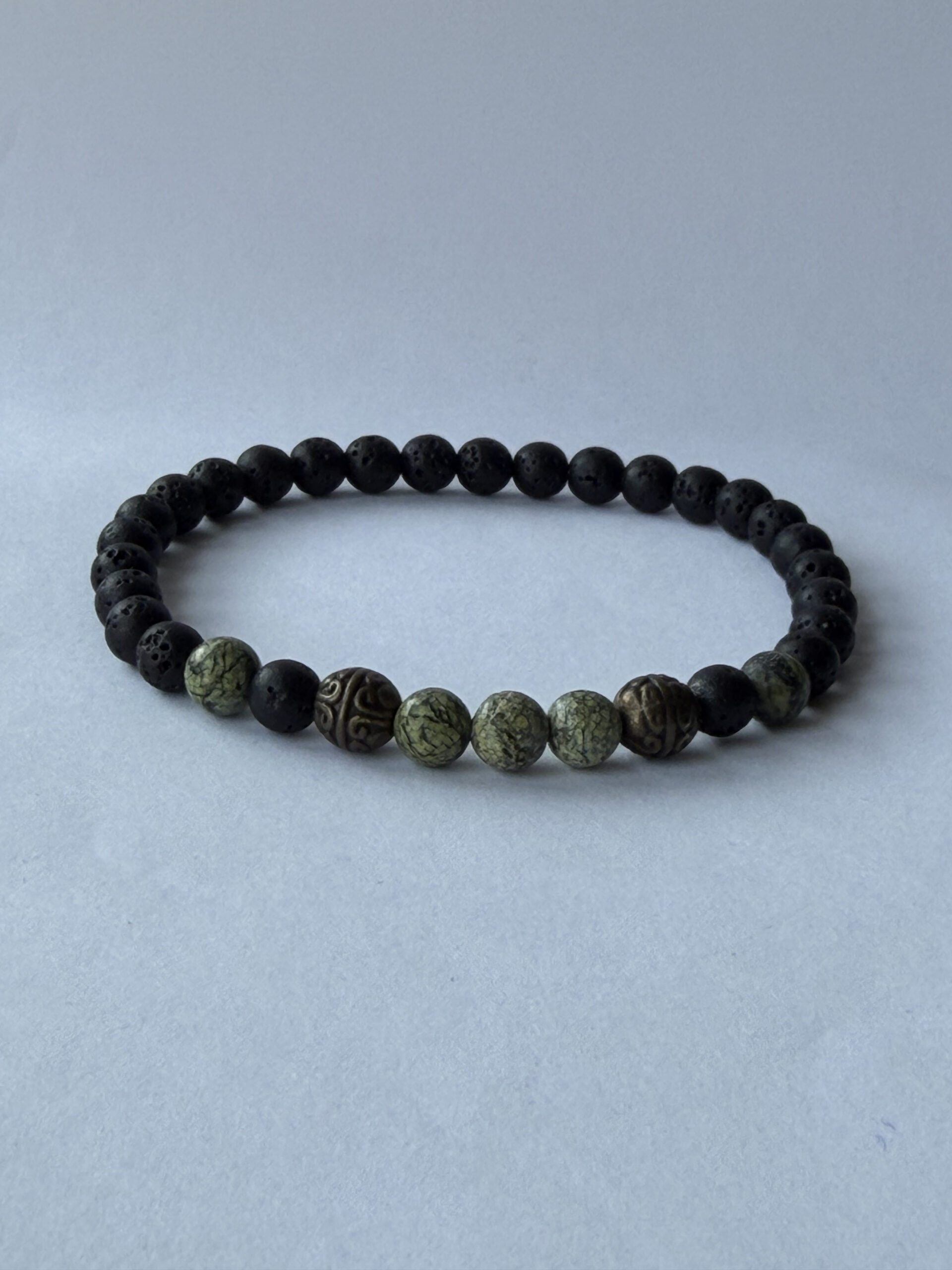 Lava Stone and Serpentine Stretch Bracelet for Men with Antique Bronze Beads — view 11
