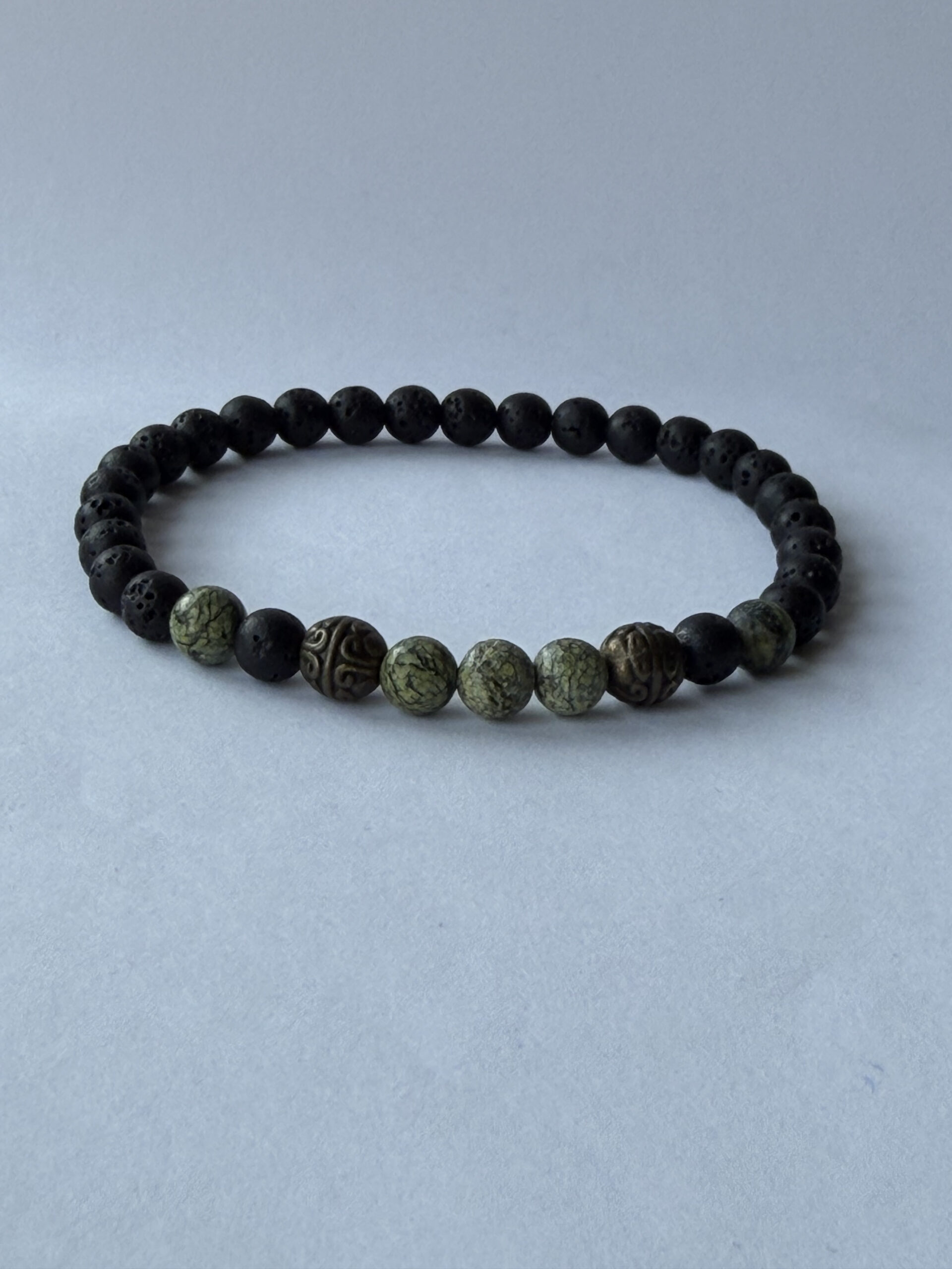 Lava Stone and Serpentine Stretch Bracelet for Men with Antique Bronze Beads — view 12