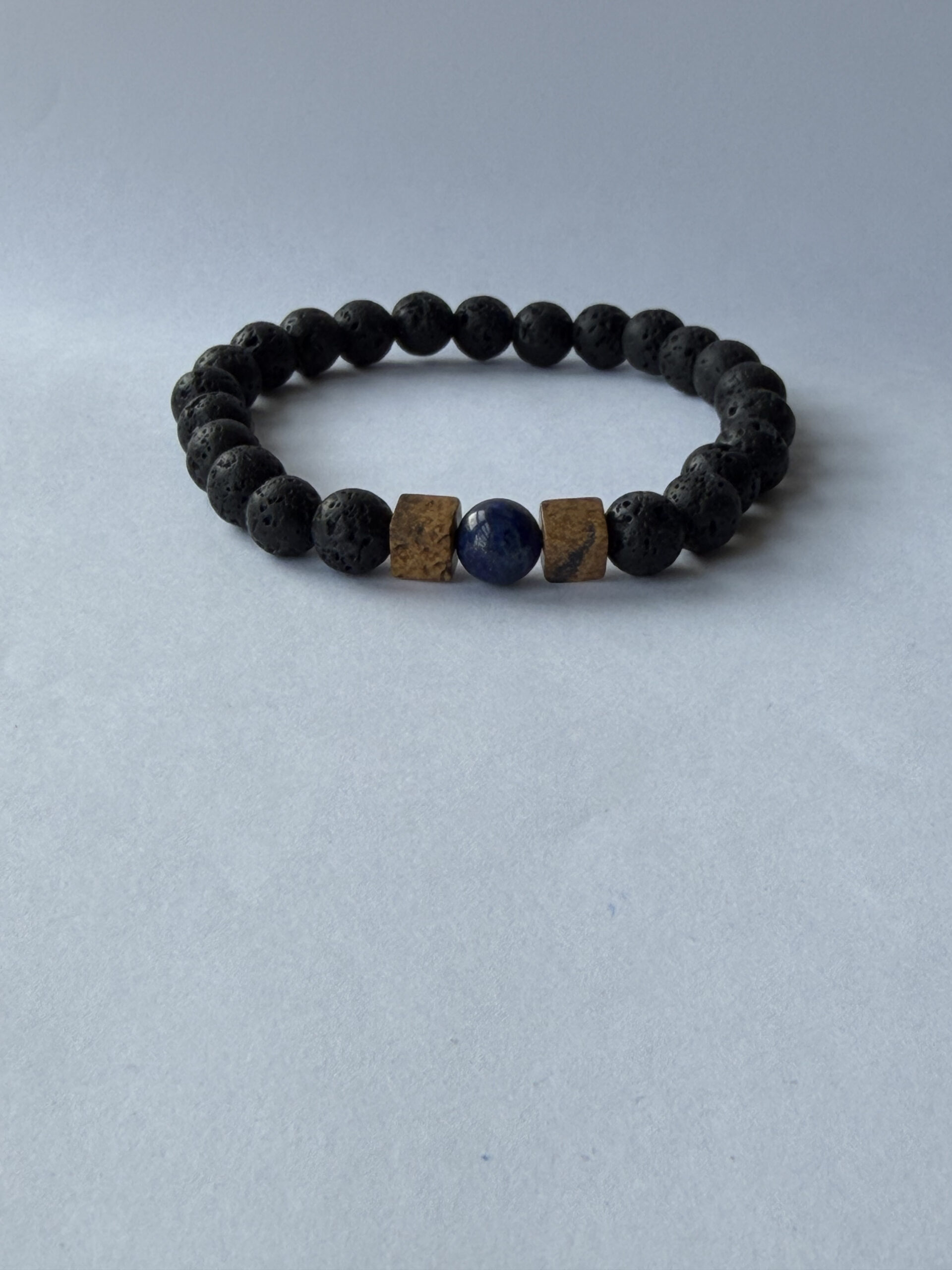 Lava Stone Bracelet for Men – Lapis Lazuli and Picture Jasper Cubes — view 1
