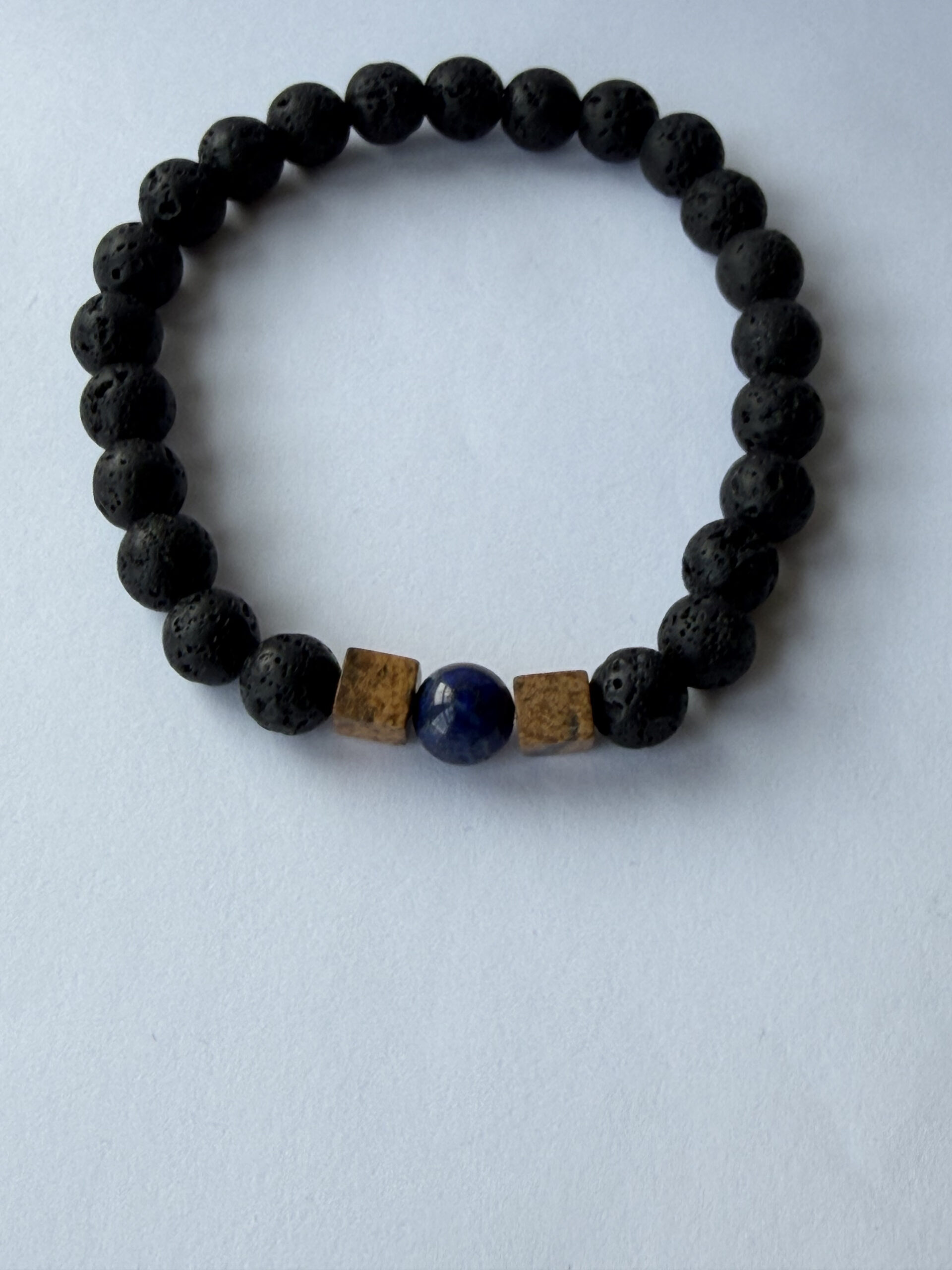 Lava Stone Bracelet for Men – Lapis Lazuli and Picture Jasper Cubes — view 2