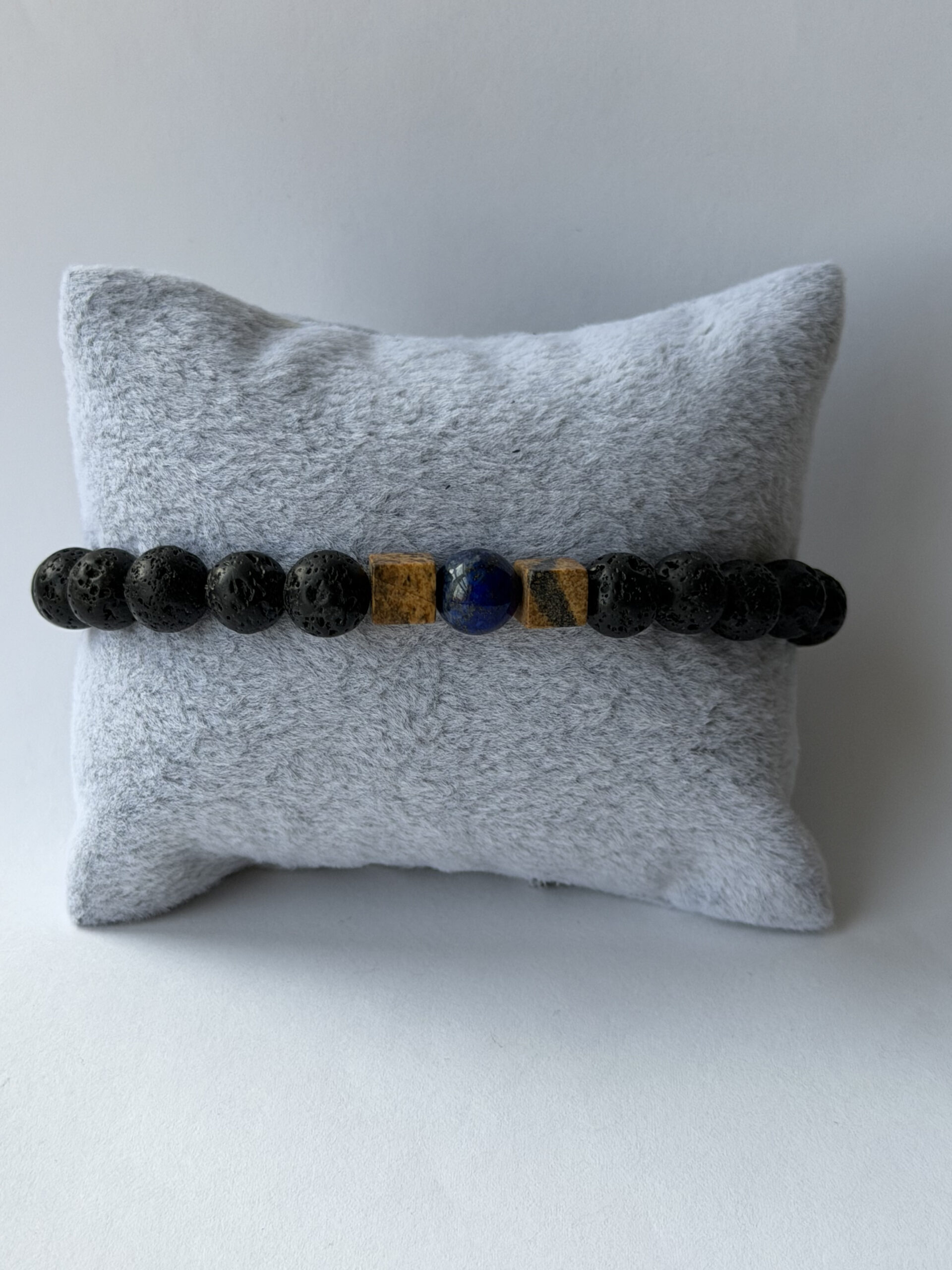Lava Stone Bracelet for Men – Lapis Lazuli and Picture Jasper Cubes — view 4