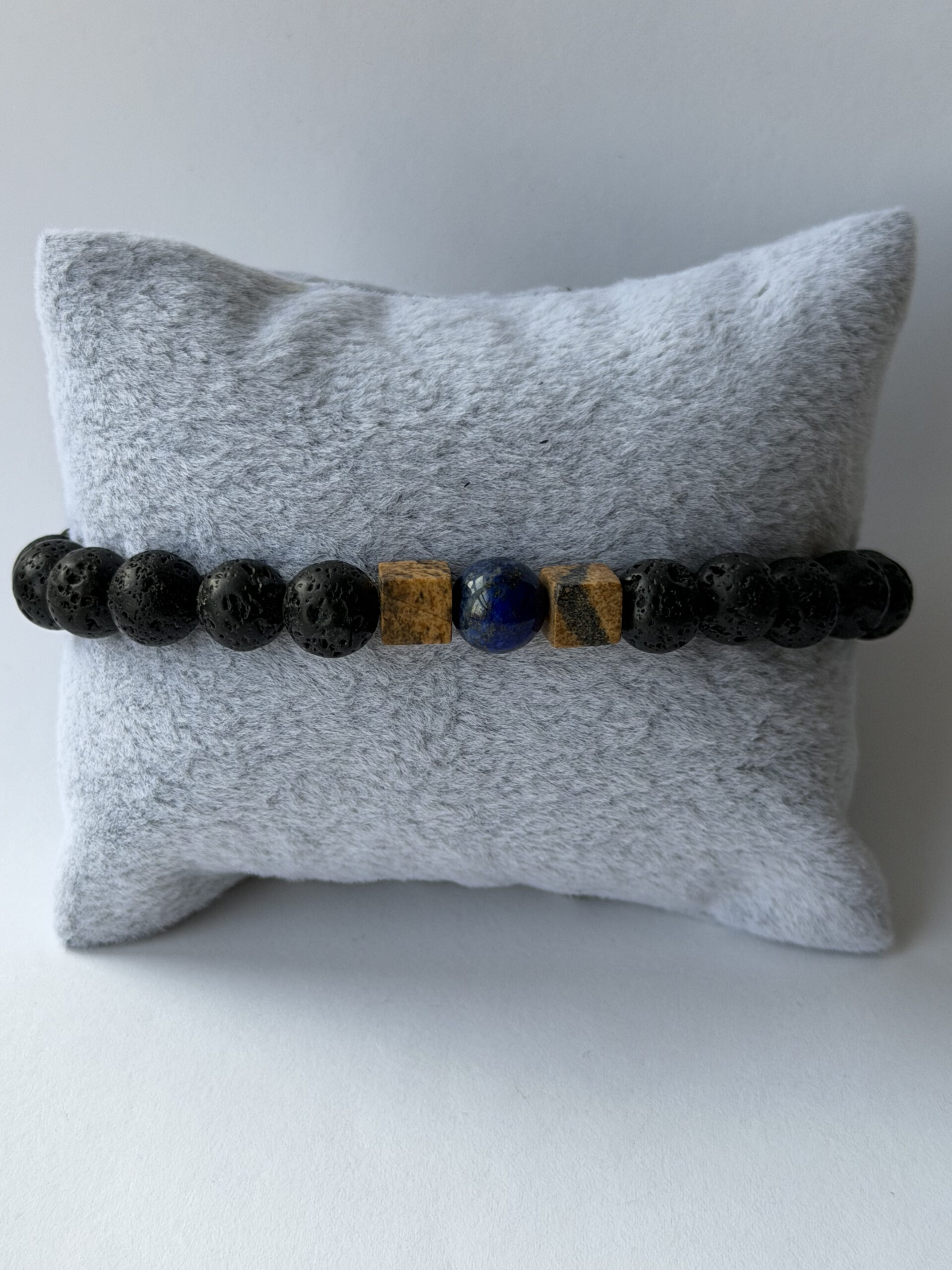 Lava Stone Bracelet for Men – Lapis Lazuli and Picture Jasper Cubes — view 5
