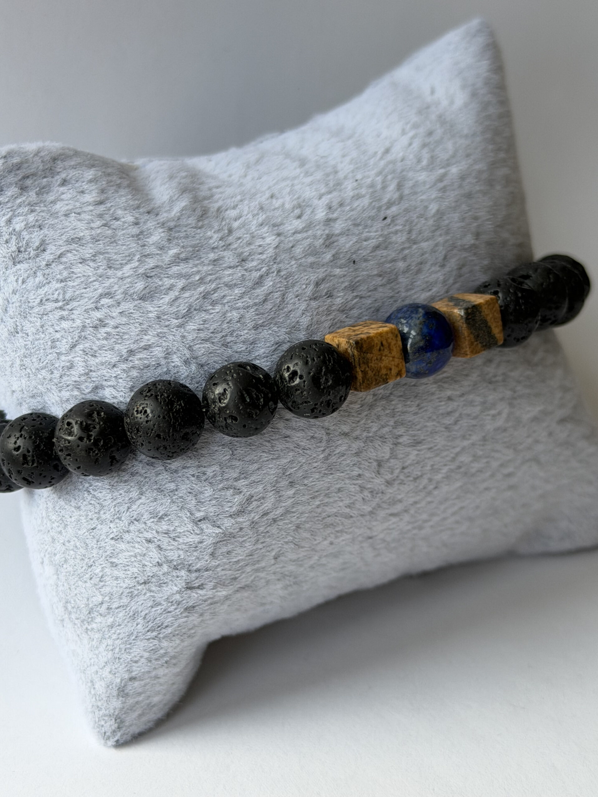 Lava Stone Bracelet for Men – Lapis Lazuli and Picture Jasper Cubes — view 6