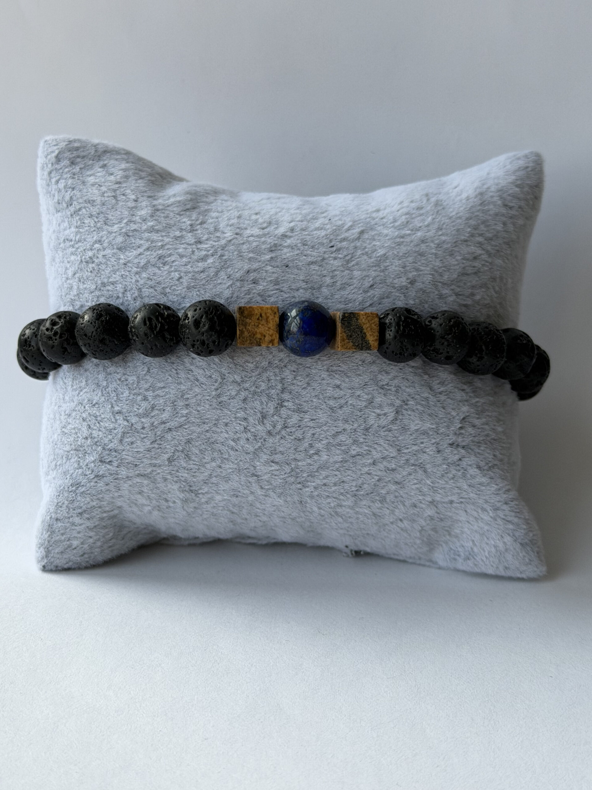 Lava Stone Bracelet for Men – Lapis Lazuli and Picture Jasper Cubes — view 7