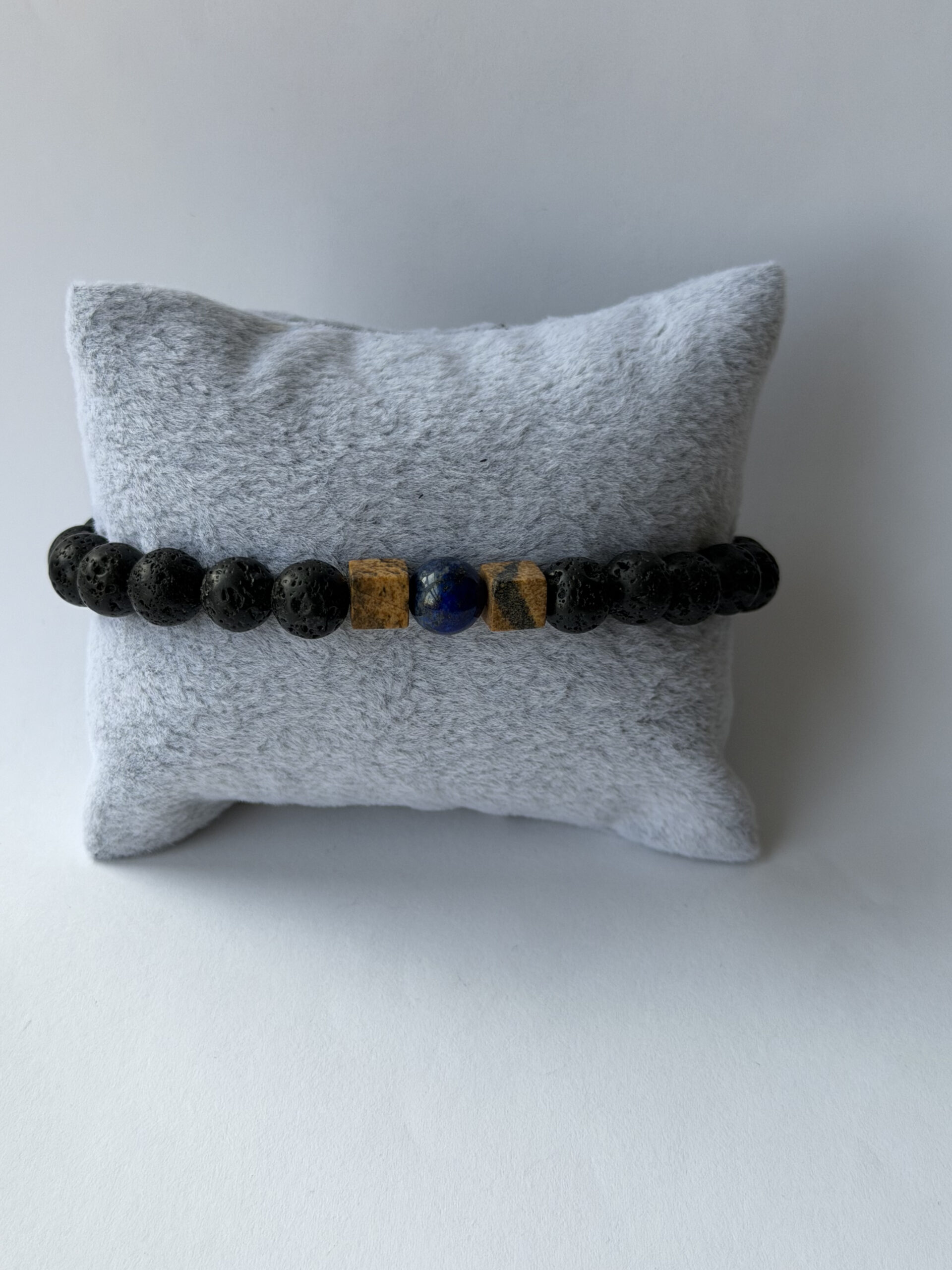 Lava Stone Bracelet for Men – Lapis Lazuli and Picture Jasper Cubes — view 8