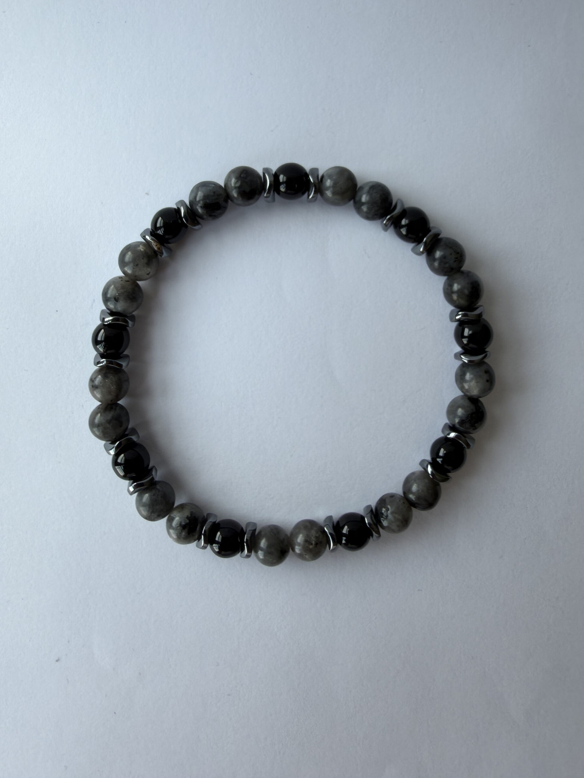 Grey Labradorite and Black Onyx Stretch Bracelet for Men with Hematite Spacers — view 1