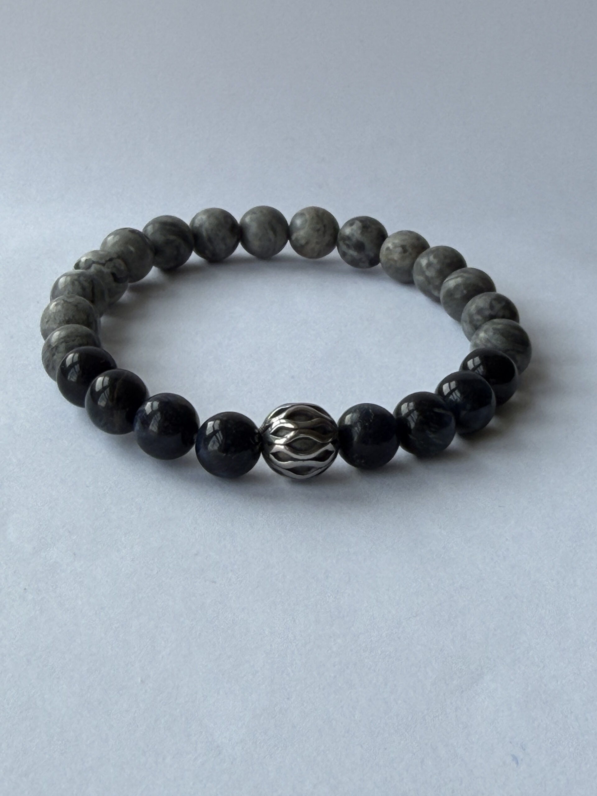 Blue Tiger Eye and Grey Map Jasper Stretch Bracelet for Men, 8mm Beads — view 1