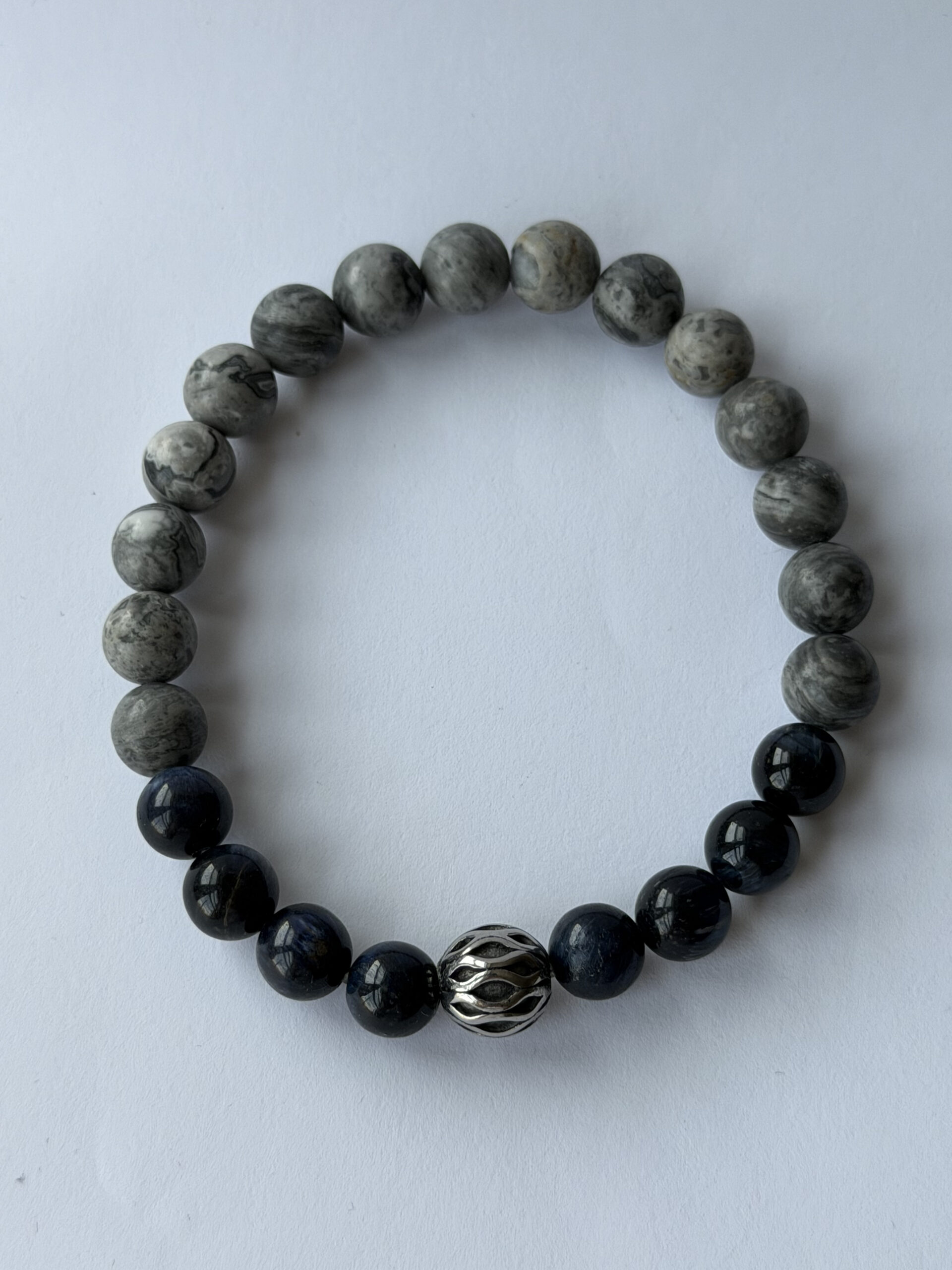 Blue Tiger Eye and Grey Map Jasper Stretch Bracelet for Men, 8mm Beads — view 2