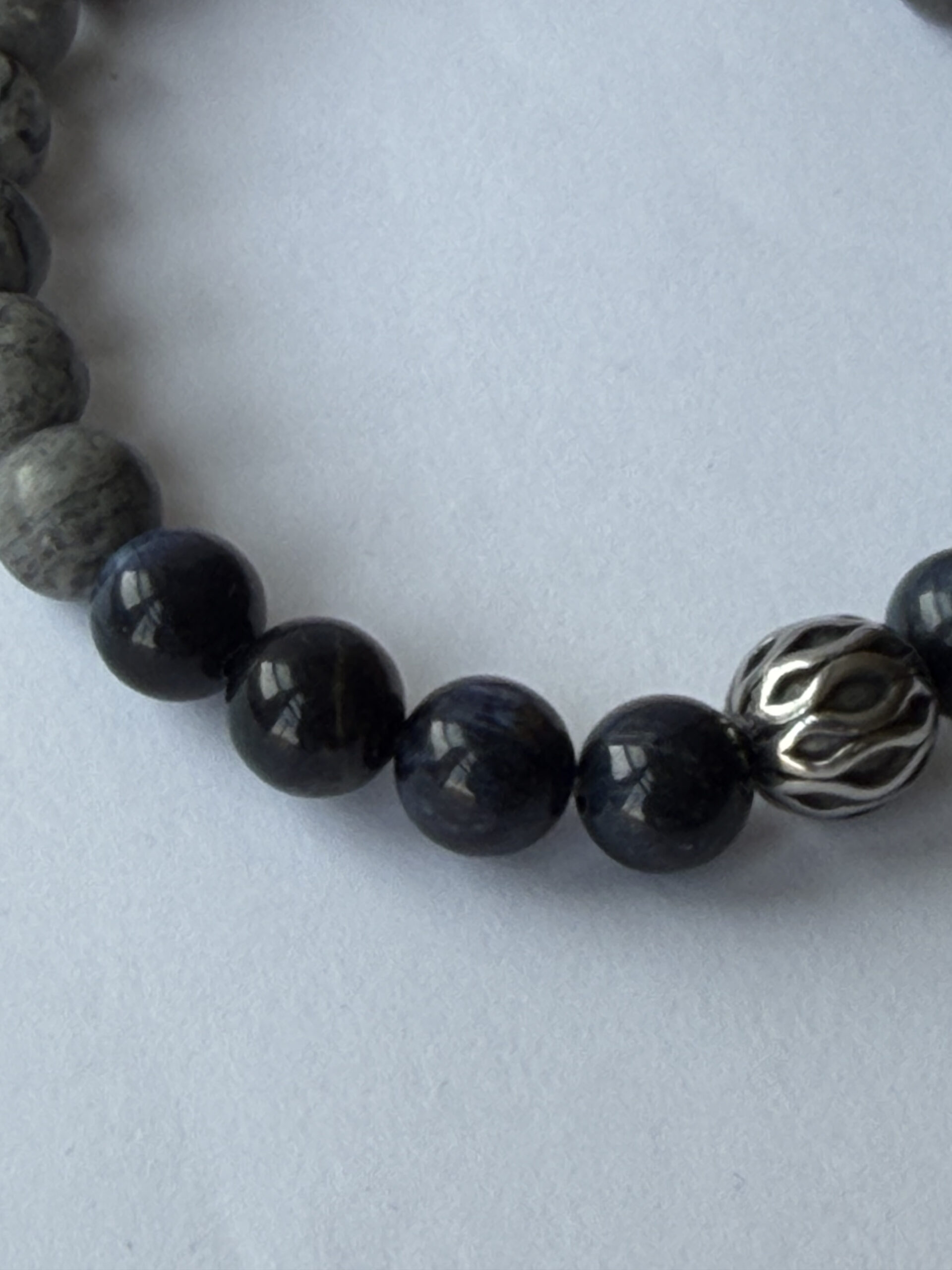 Blue Tiger Eye and Grey Map Jasper Stretch Bracelet for Men, 8mm Beads — view 3