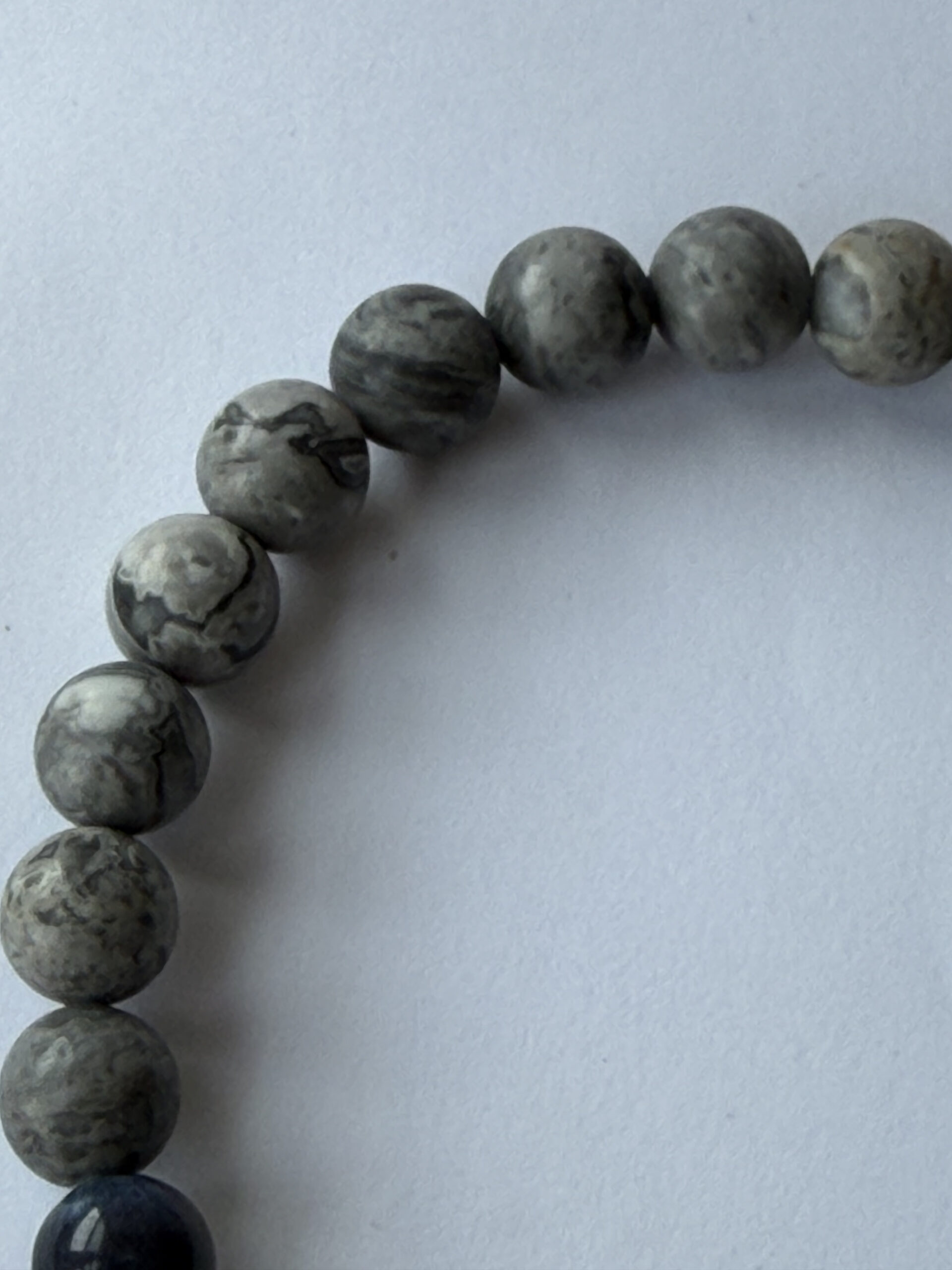 Blue Tiger Eye and Grey Map Jasper Stretch Bracelet for Men, 8mm Beads — view 4