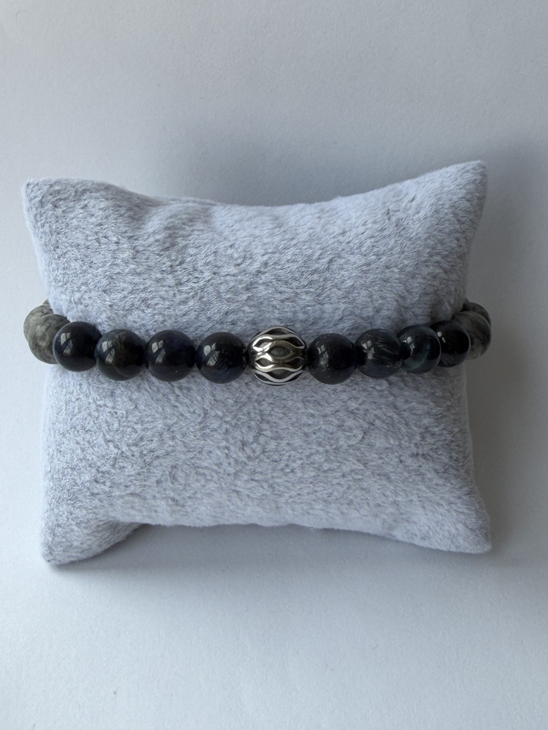 Blue Tiger Eye and Grey Map Jasper Stretch Bracelet for Men, 8mm Beads — view 5