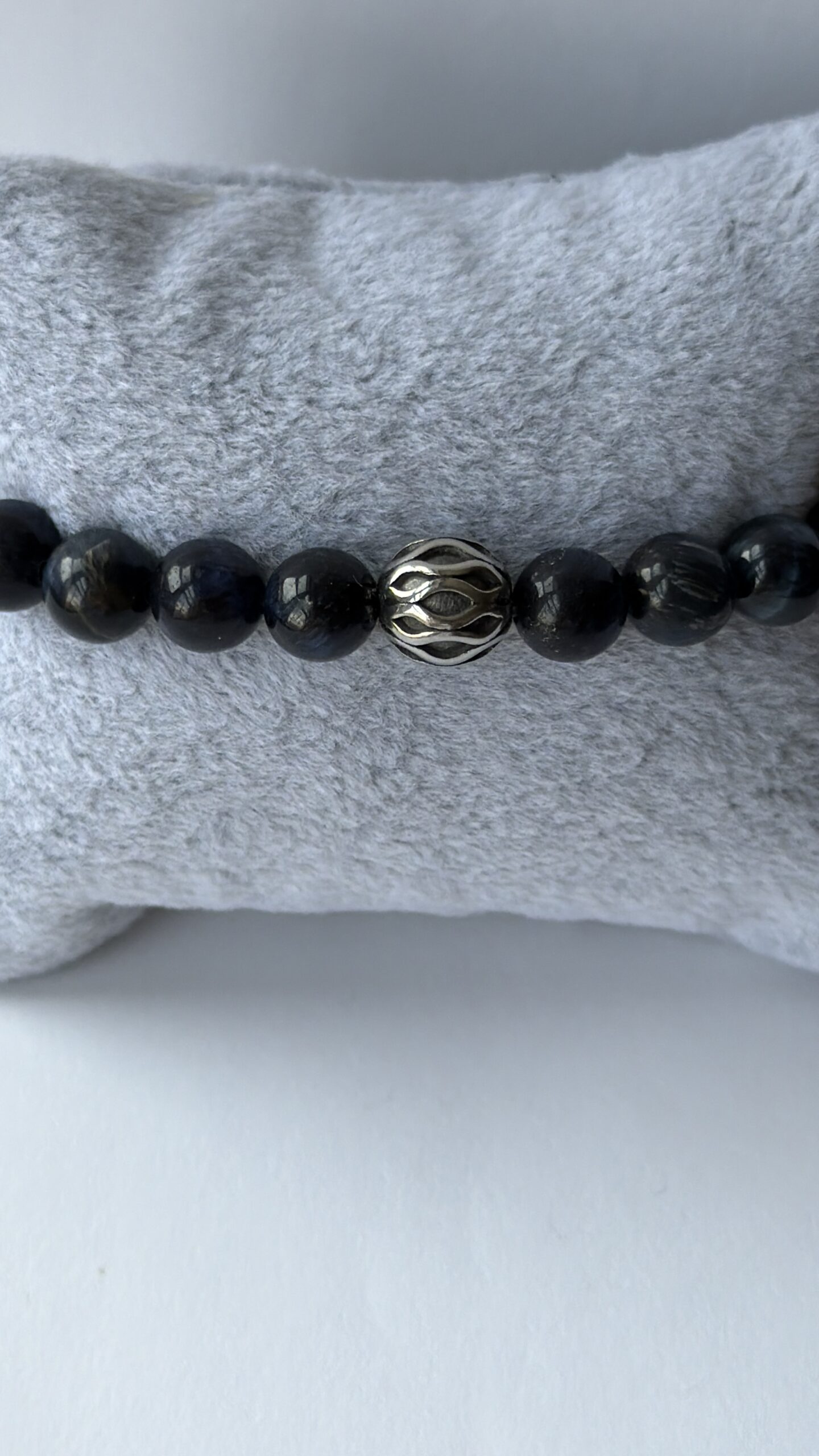 Blue Tiger Eye and Grey Map Jasper Stretch Bracelet for Men, 8mm Beads — view 6