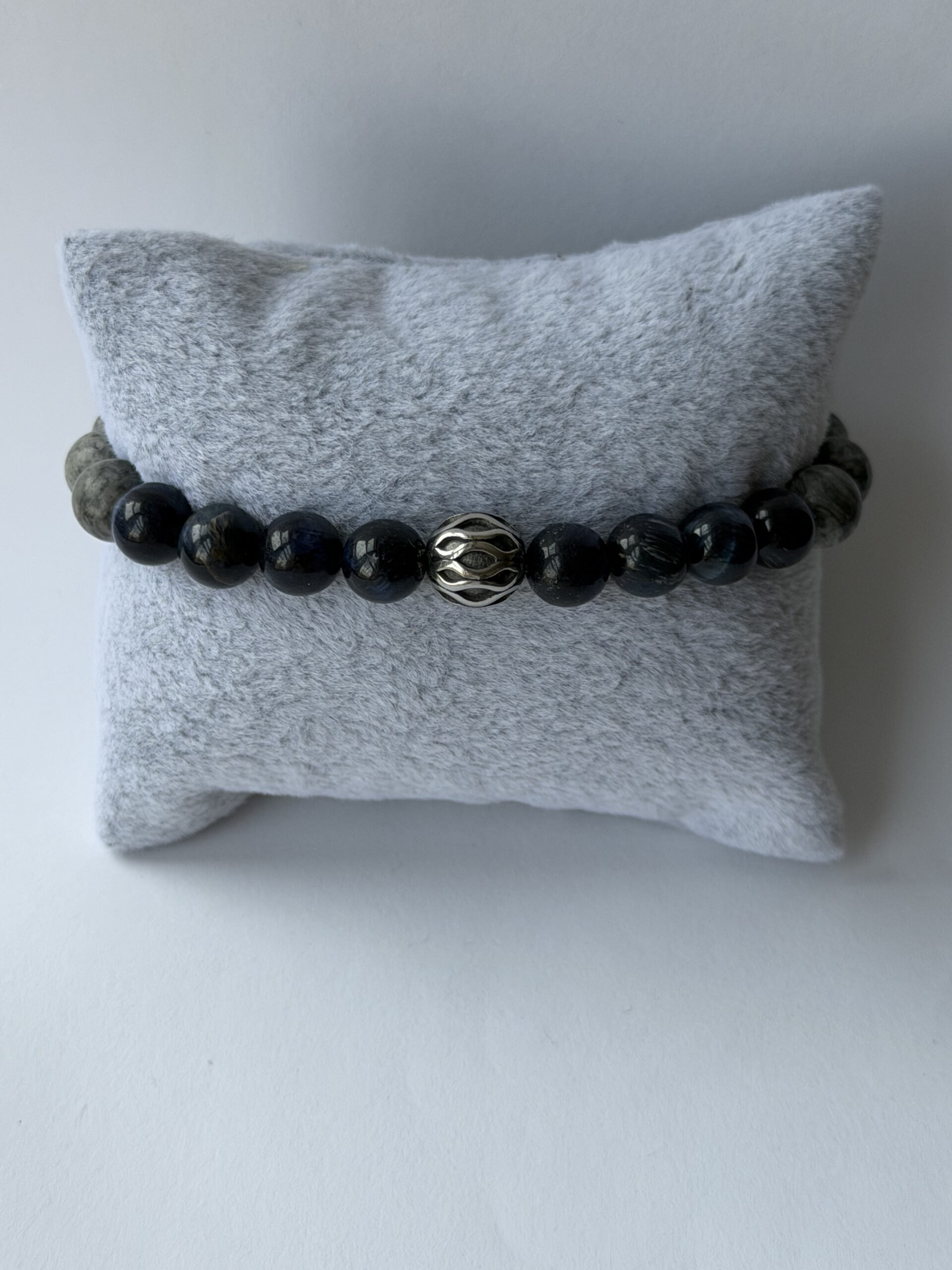 Blue Tiger Eye and Grey Map Jasper Stretch Bracelet for Men, 8mm Beads — view 7