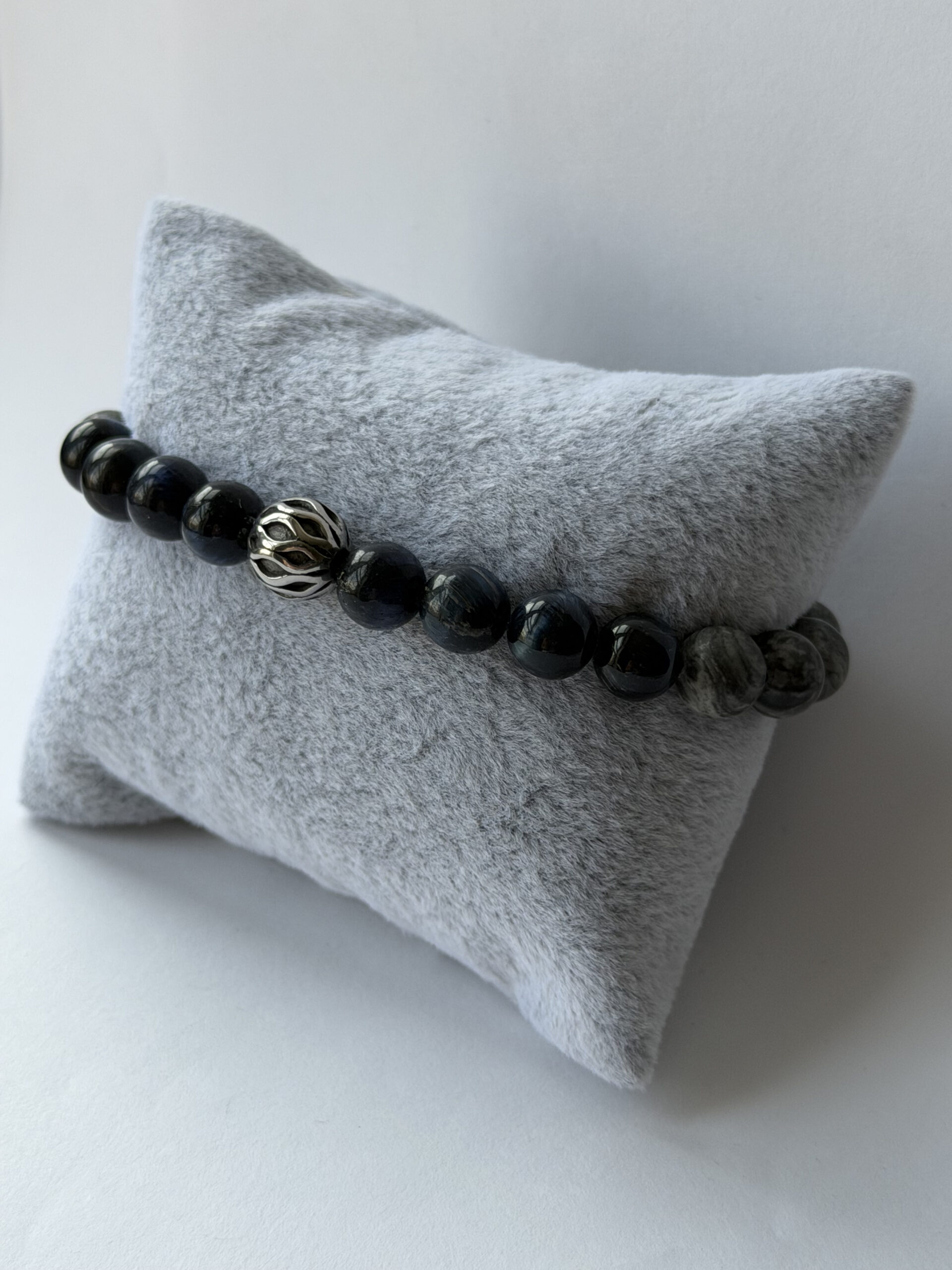 Blue Tiger Eye and Grey Map Jasper Stretch Bracelet for Men, 8mm Beads — view 8