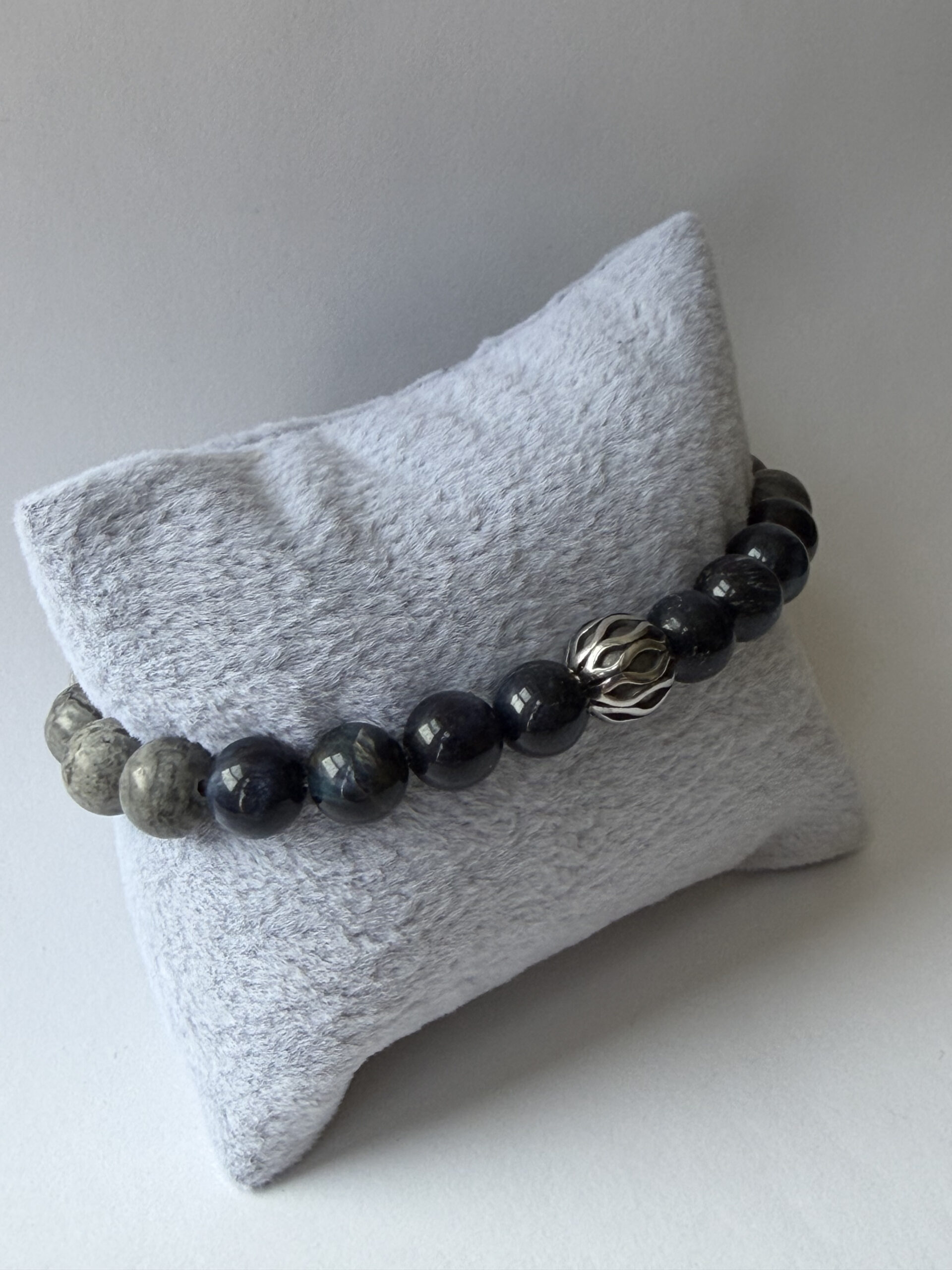 Blue Tiger Eye and Grey Map Jasper Stretch Bracelet for Men, 8mm Beads — view 9