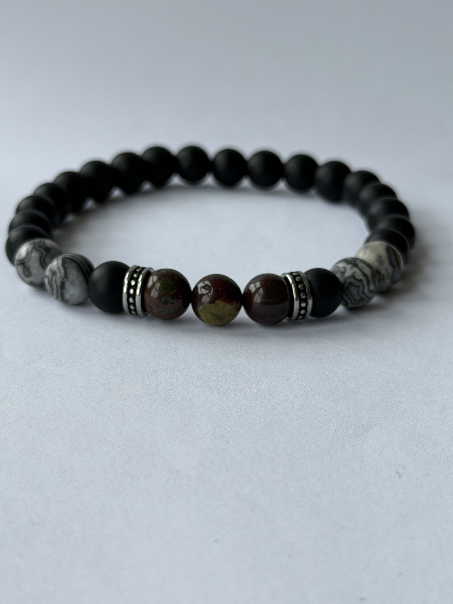 Dragon Blood Jasper Bracelet for Men – Map Jasper and Matte Black Beads — view 1