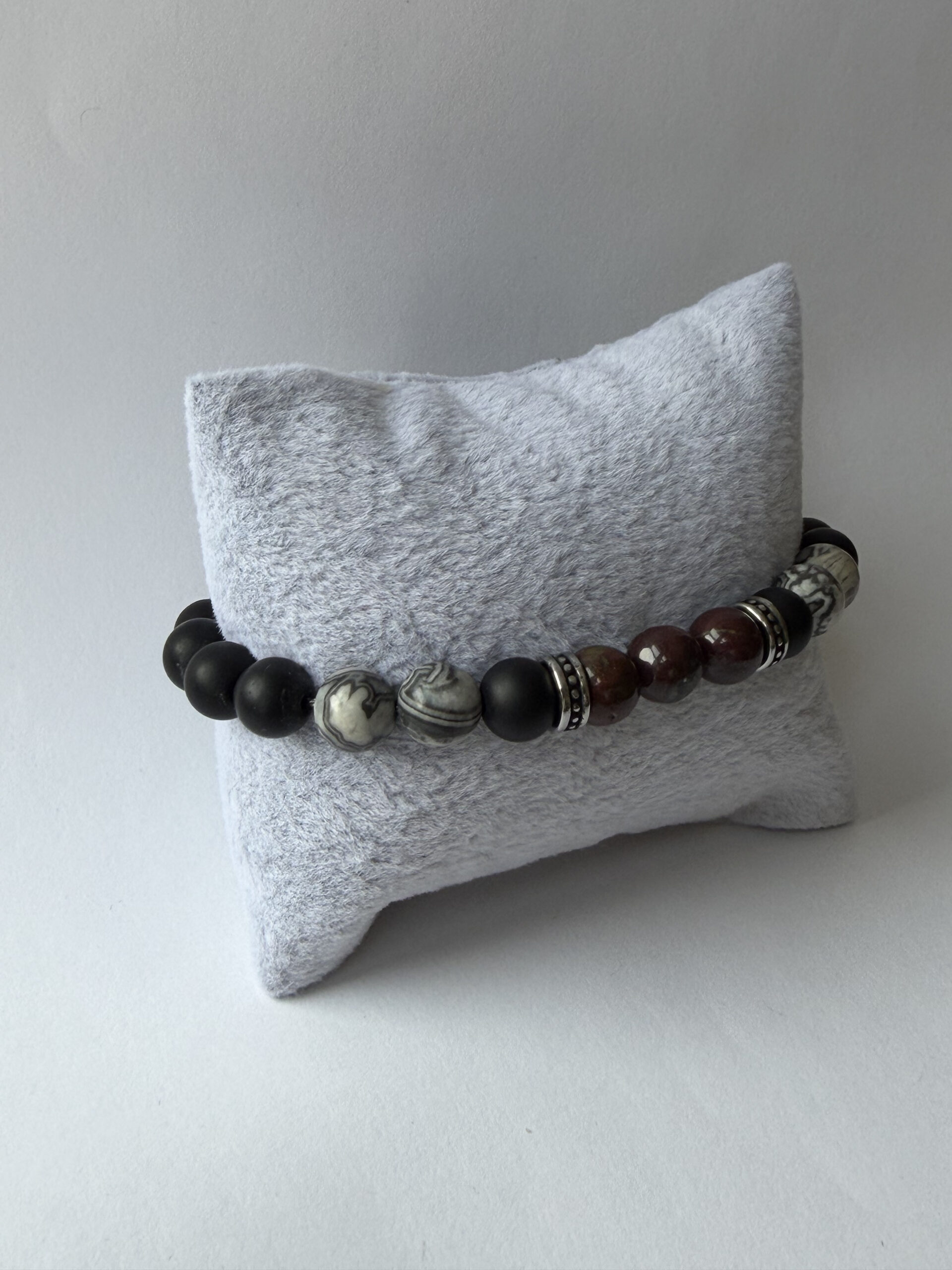 Dragon Blood Jasper Bracelet for Men – Map Jasper and Matte Black Beads — view 12