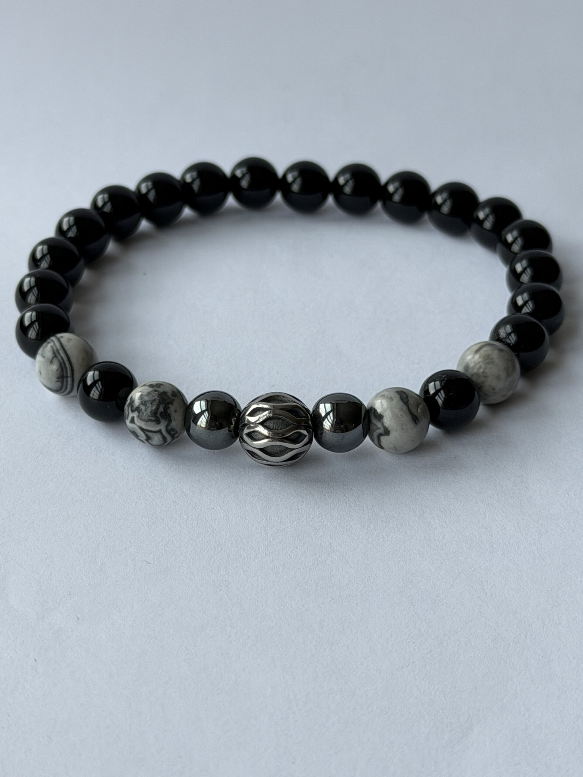 Black Onyx Bracelet for Men – Map Jasper, Hematite and Silver-Tone Filigree Bead — view 1