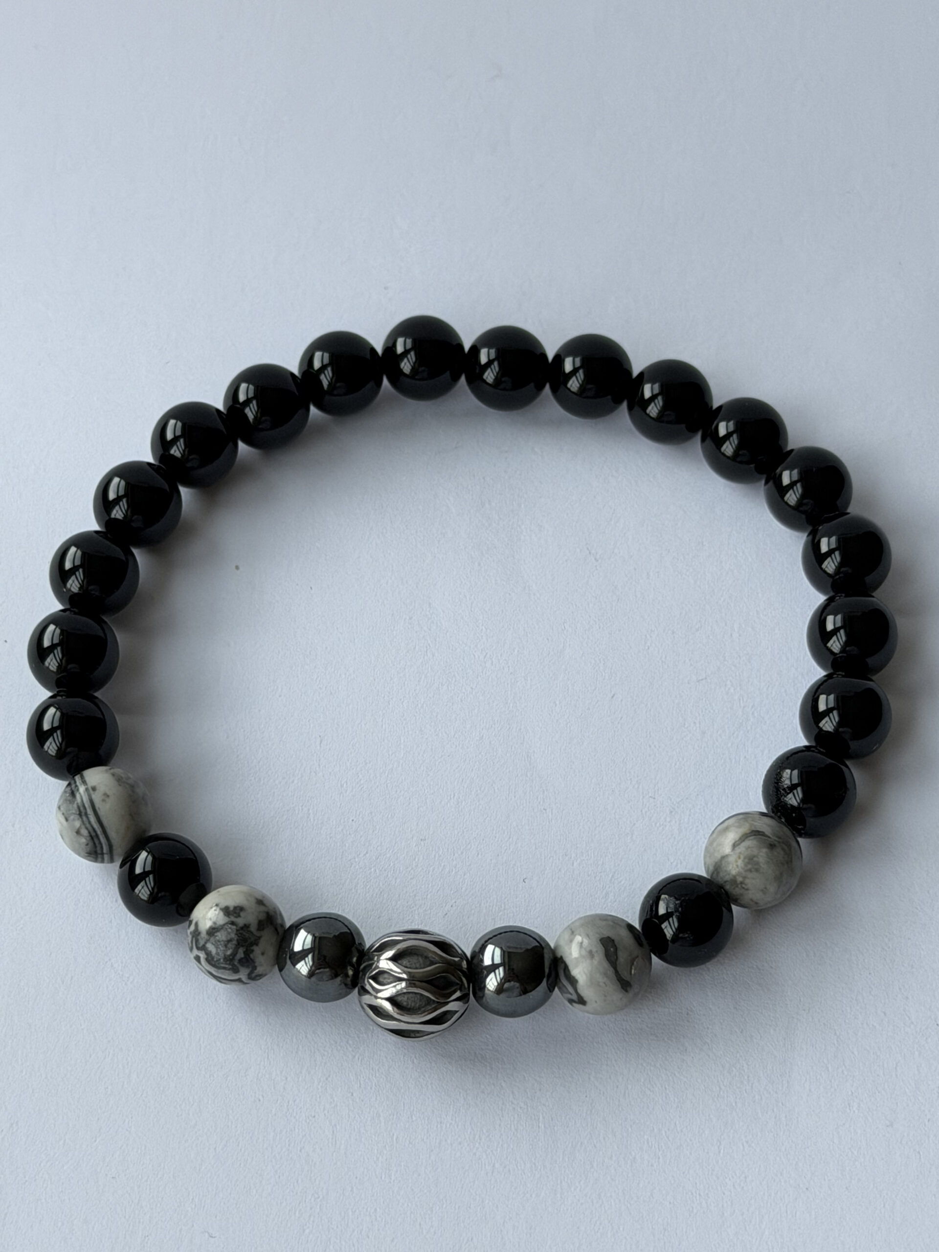 Black Onyx Bracelet for Men – Map Jasper, Hematite and Silver-Tone Filigree Bead — view 2