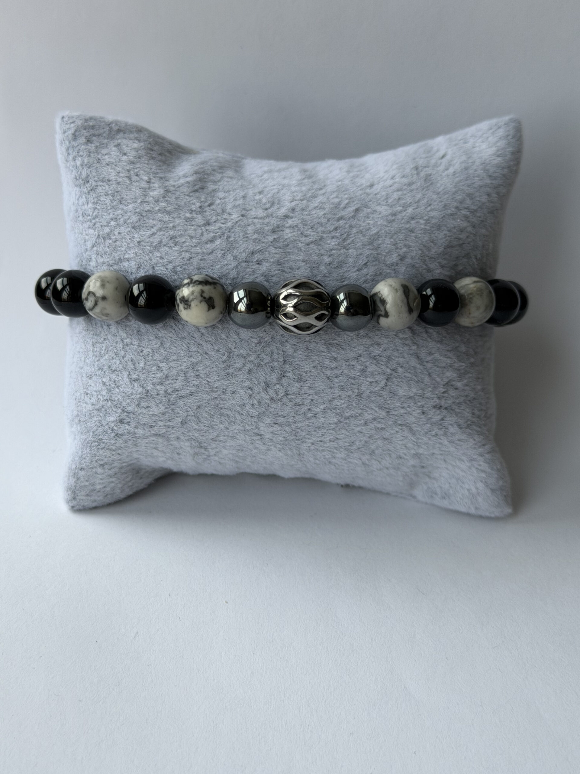 Black Onyx Bracelet for Men – Map Jasper, Hematite and Silver-Tone Filigree Bead — view 3