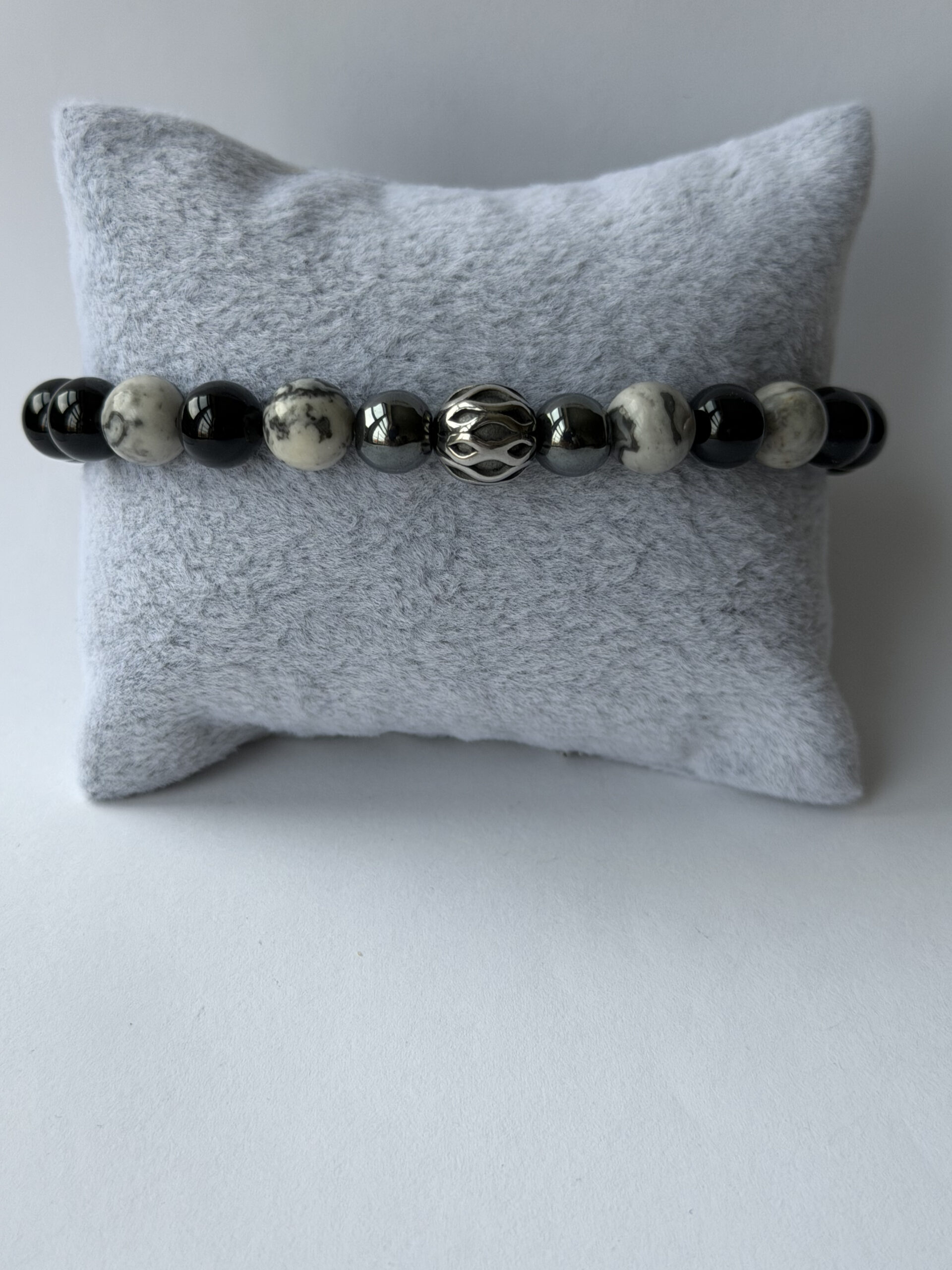 Black Onyx Bracelet for Men – Map Jasper, Hematite and Silver-Tone Filigree Bead — view 4