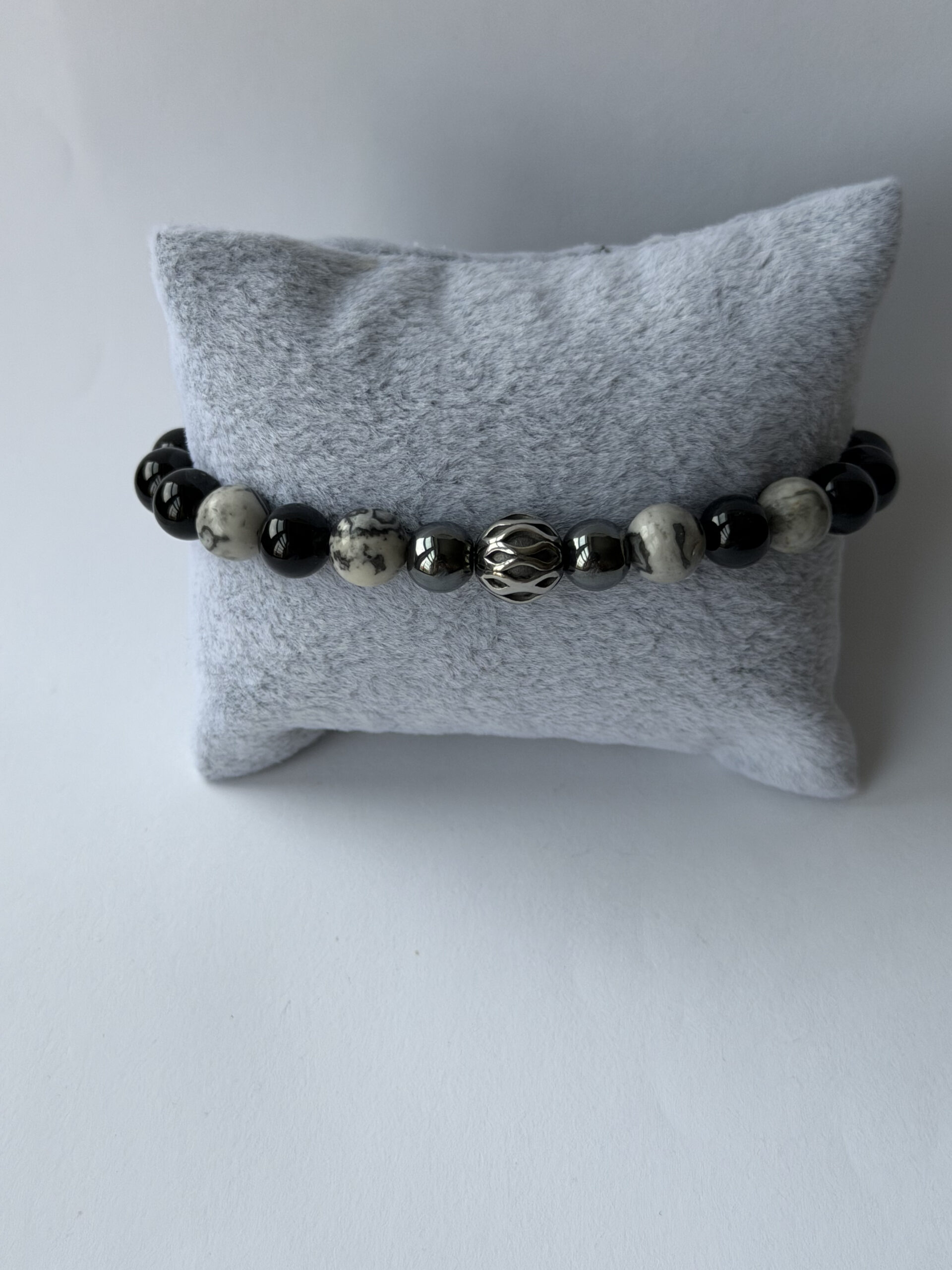 Black Onyx Bracelet for Men – Map Jasper, Hematite and Silver-Tone Filigree Bead — view 5