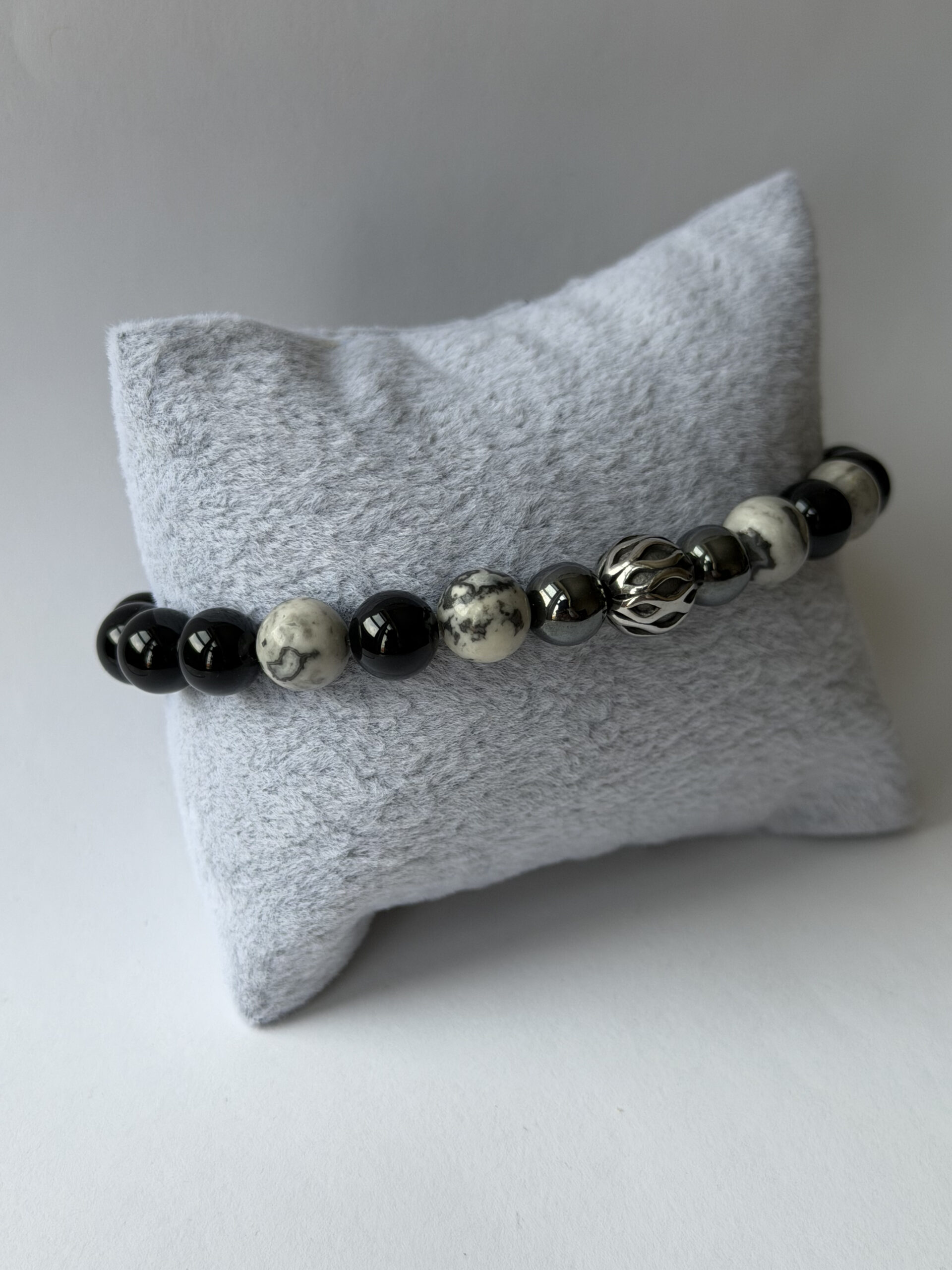 Black Onyx Bracelet for Men – Map Jasper, Hematite and Silver-Tone Filigree Bead — view 6