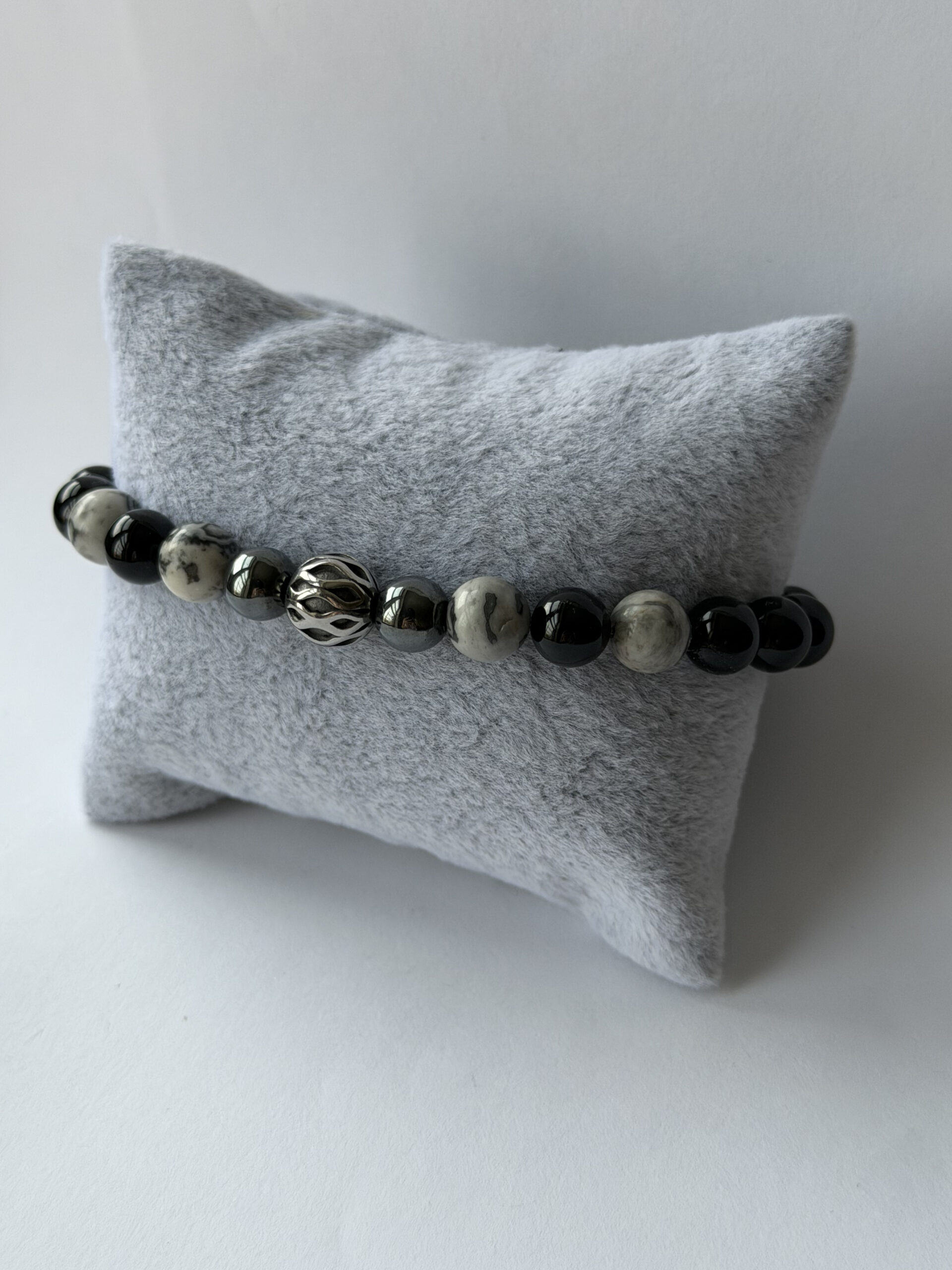 Black Onyx Bracelet for Men – Map Jasper, Hematite and Silver-Tone Filigree Bead — view 7