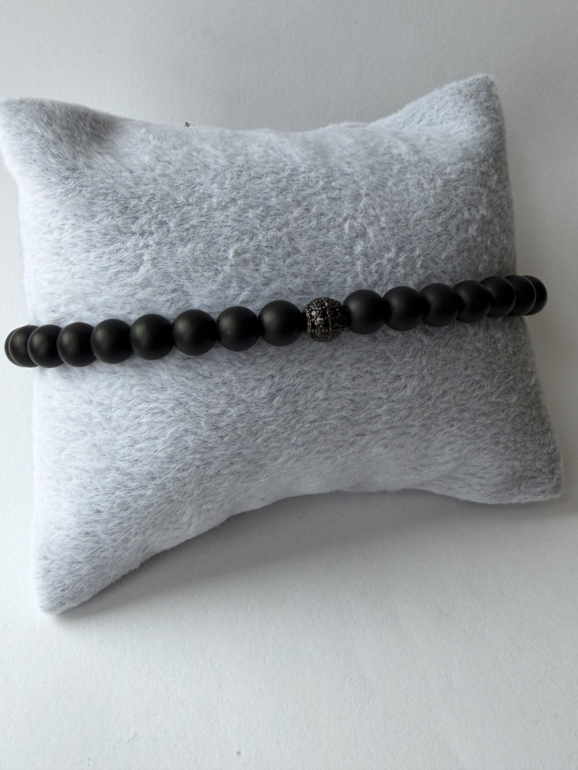 Matte Black Stretch Bracelet for Men, 6 mm Beads, Single Black Pavé Accent — view 1