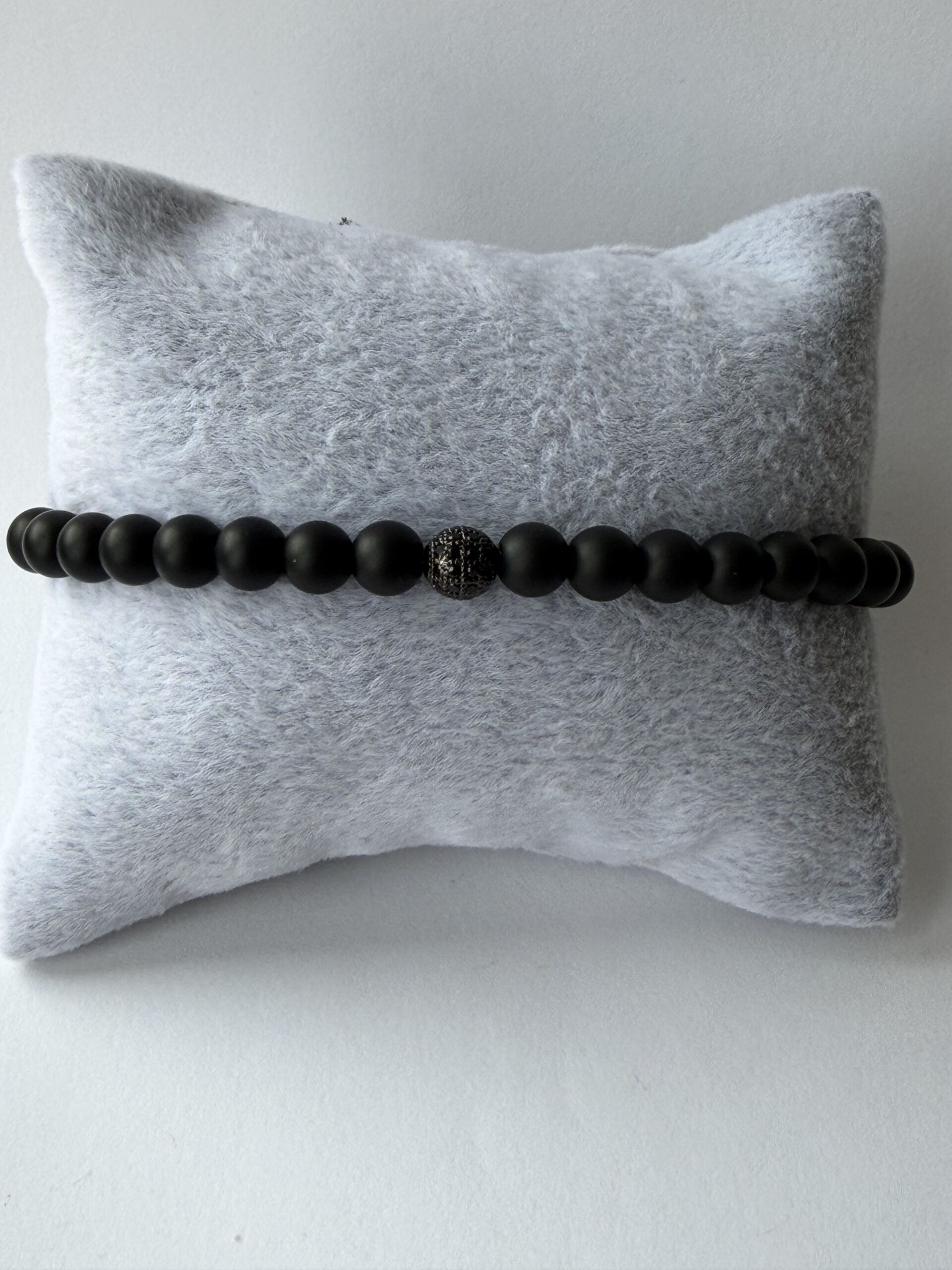 Matte Black Stretch Bracelet for Men, 6 mm Beads, Single Black Pavé Accent — view 2