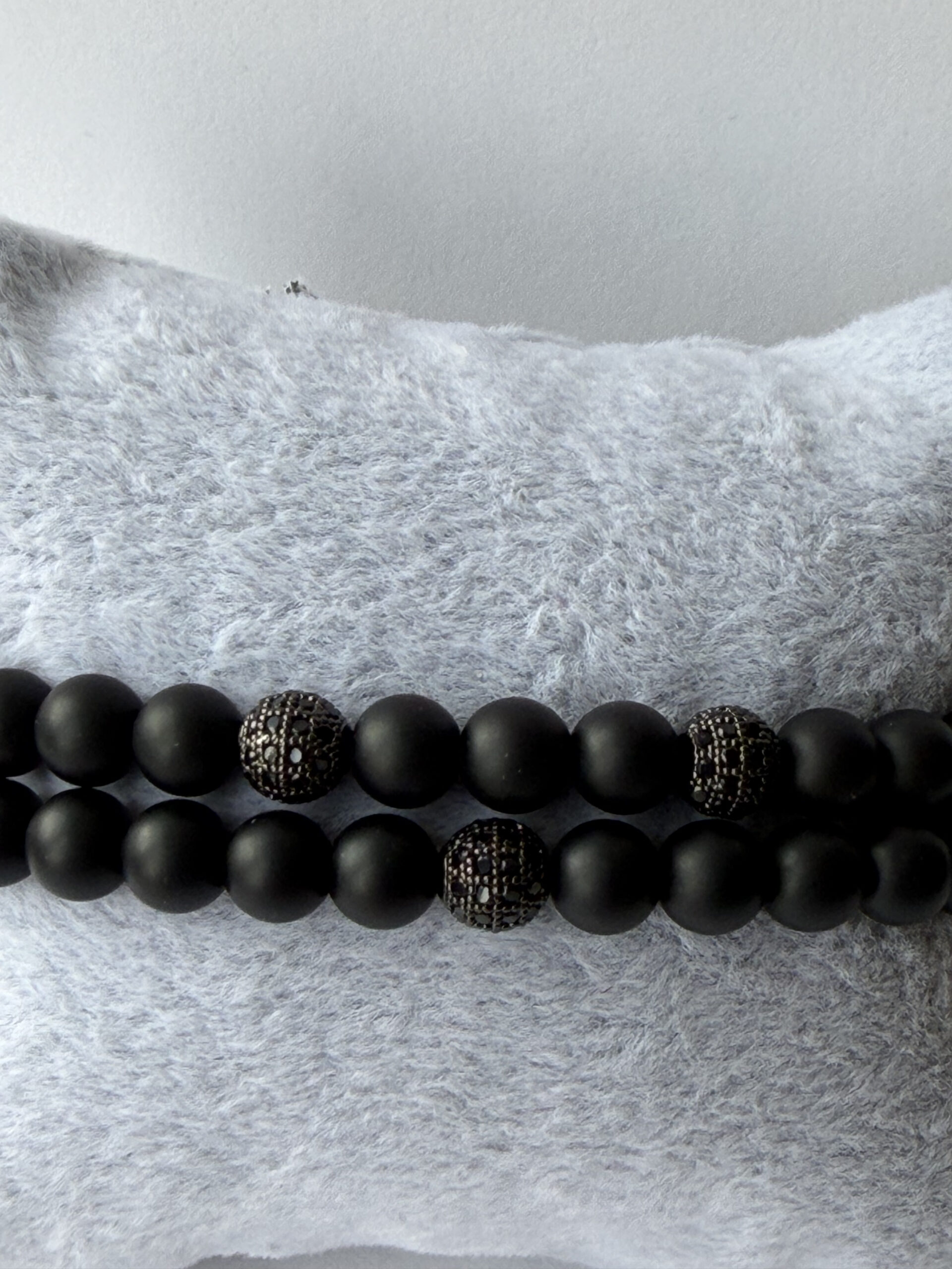 Matte Black Stretch Bracelet for Men, 6 mm Beads, Single Black Pavé Accent — view 3