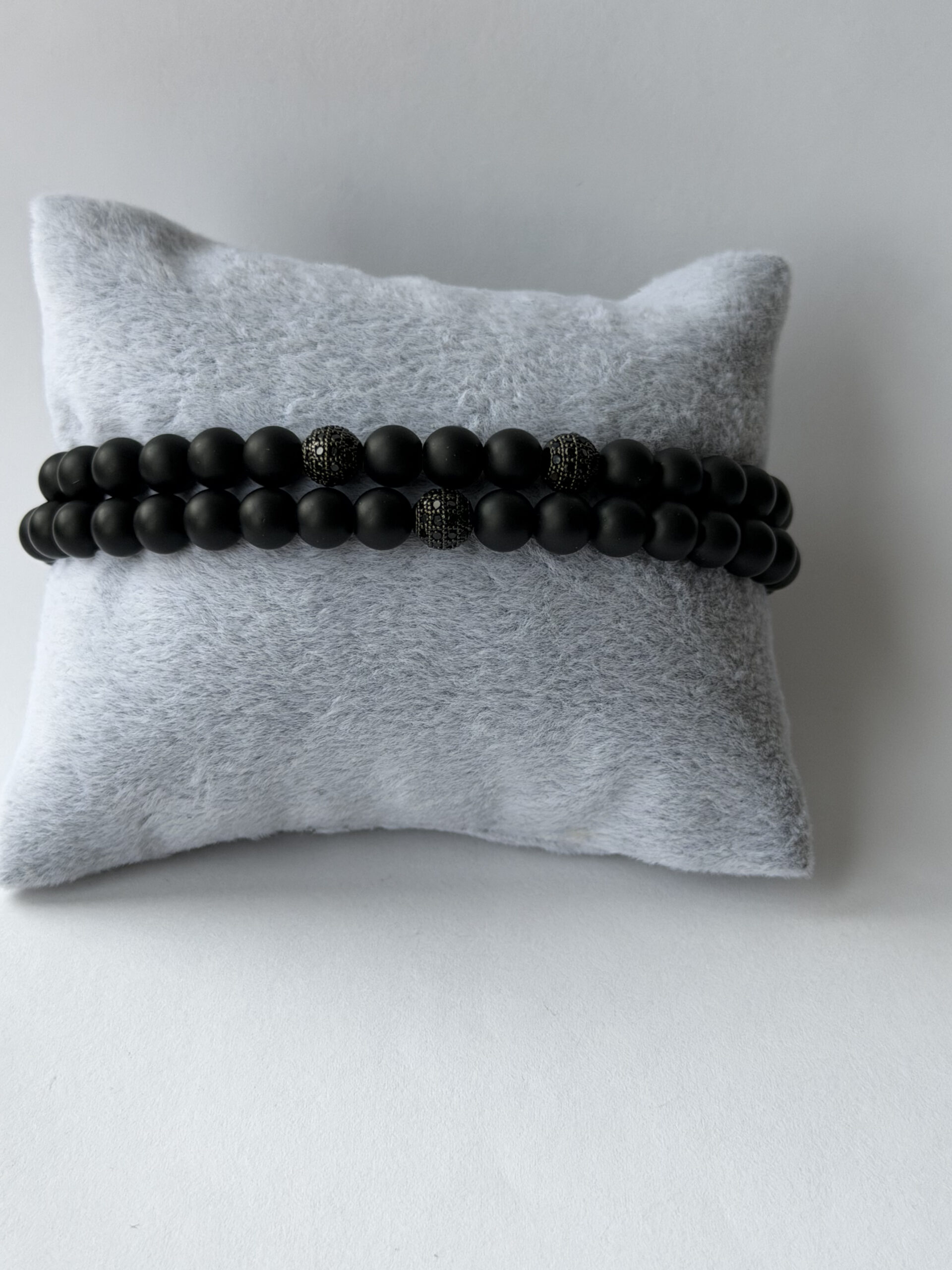 Matte Black Stretch Bracelet for Men, 6 mm Beads, Single Black Pavé Accent — view 4