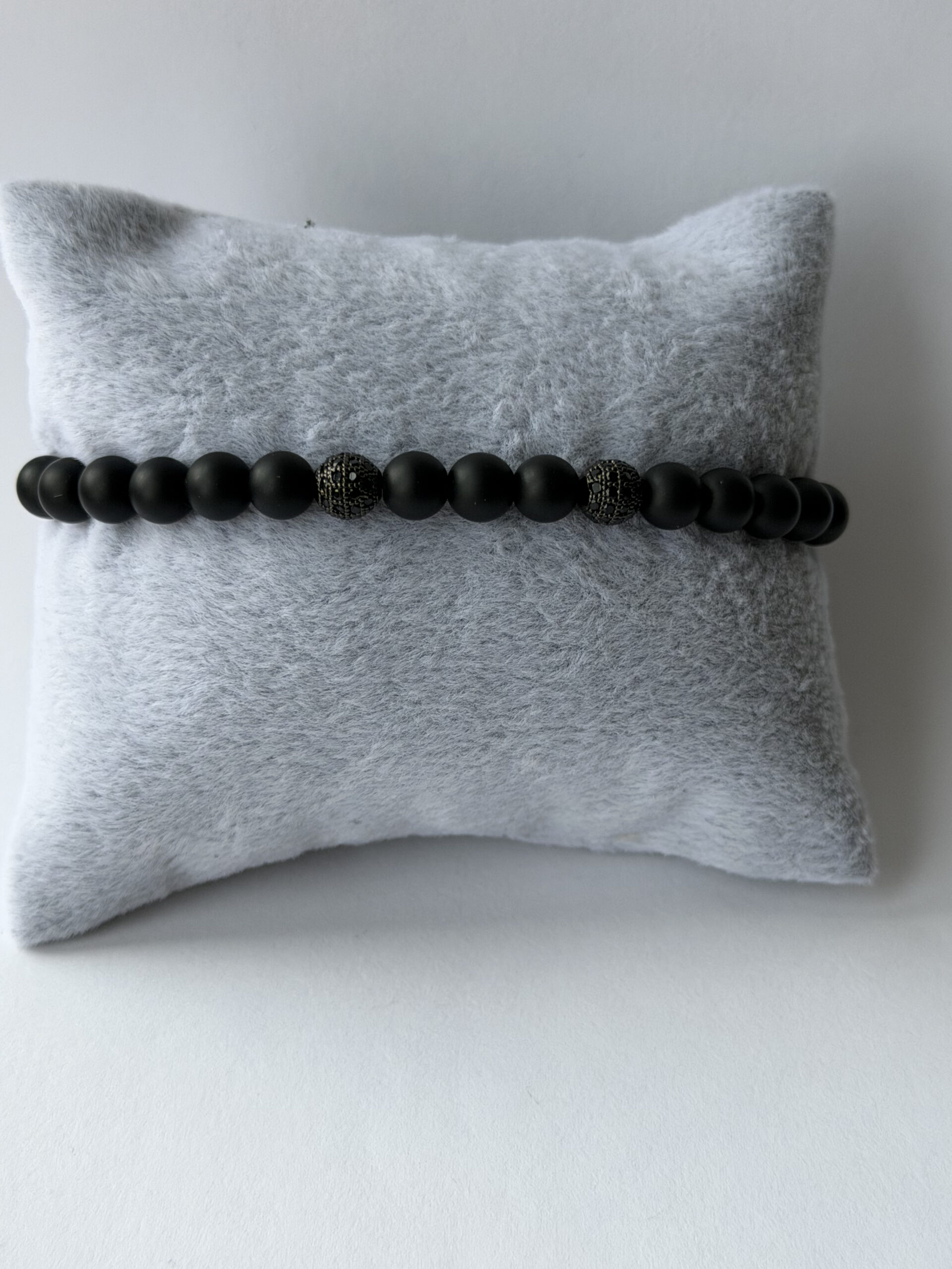 Matte Black Stretch Bracelet for Men, 6 mm Beads, Two Black Pavé Accents — view 1