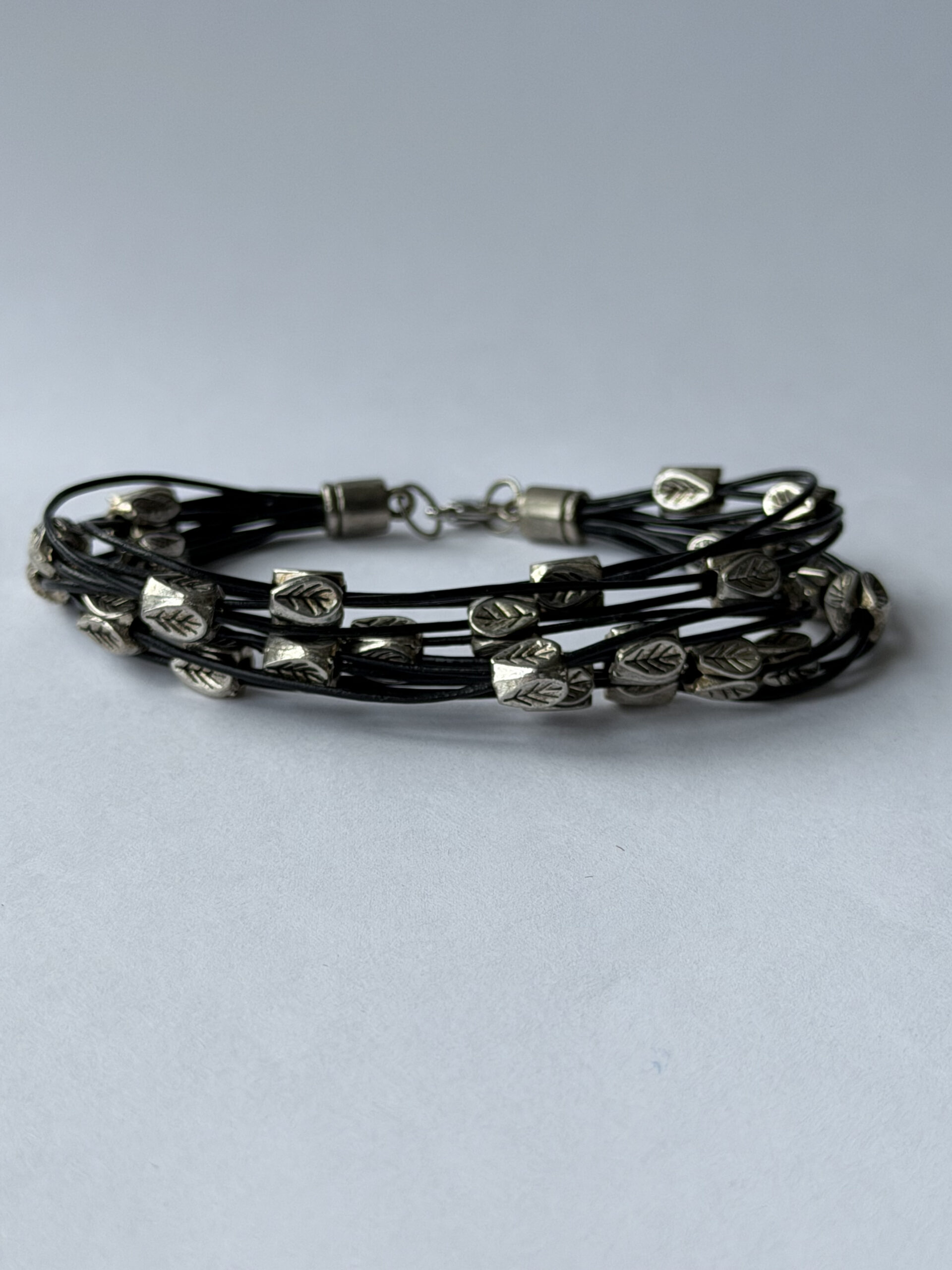 Black Leather Multi Strand Bracelet with Silver-Tone Leaf Beads – Lobster Clasp — view 1