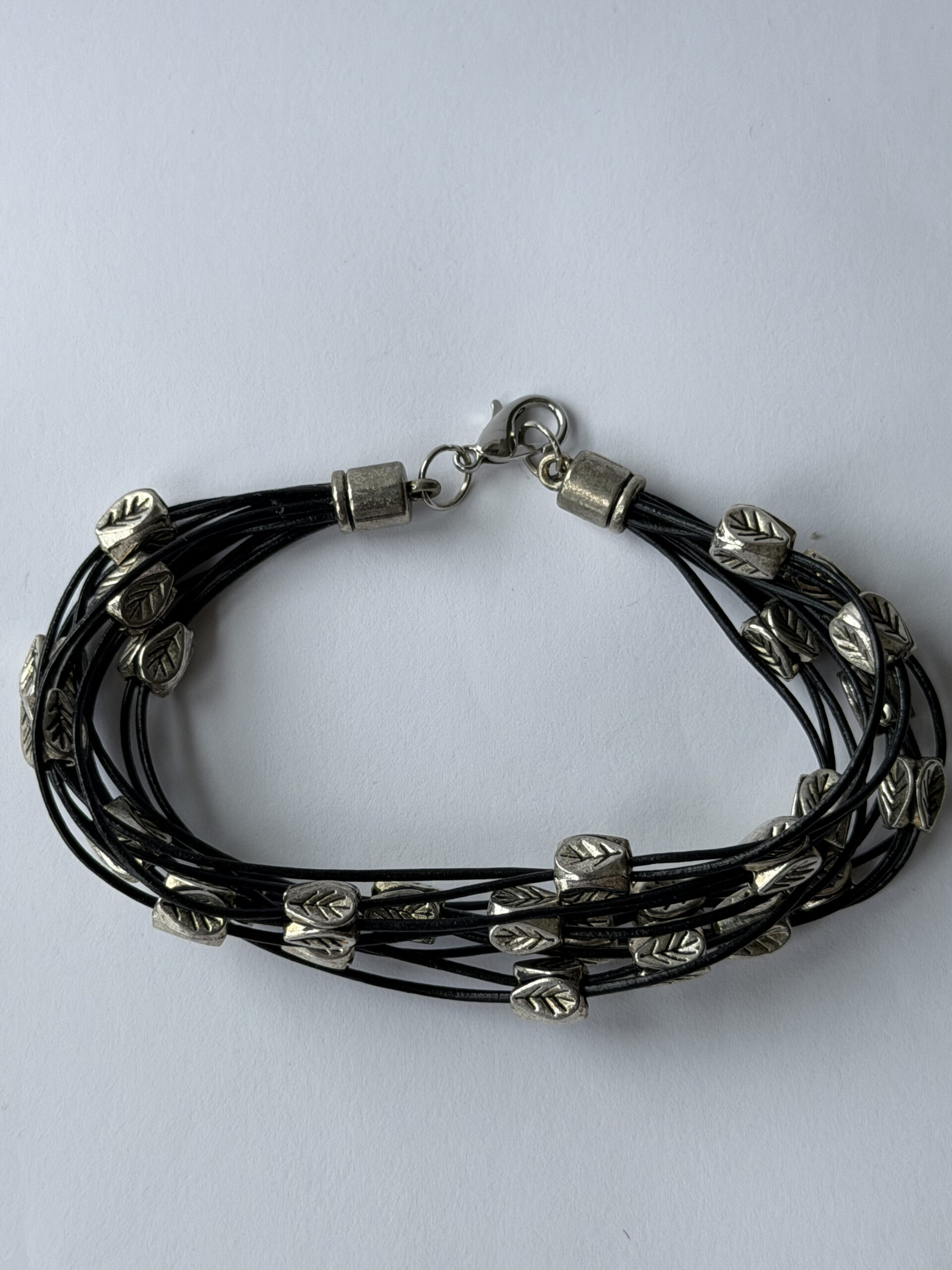 Black Leather Multi Strand Bracelet with Silver-Tone Leaf Beads – Lobster Clasp — view 2