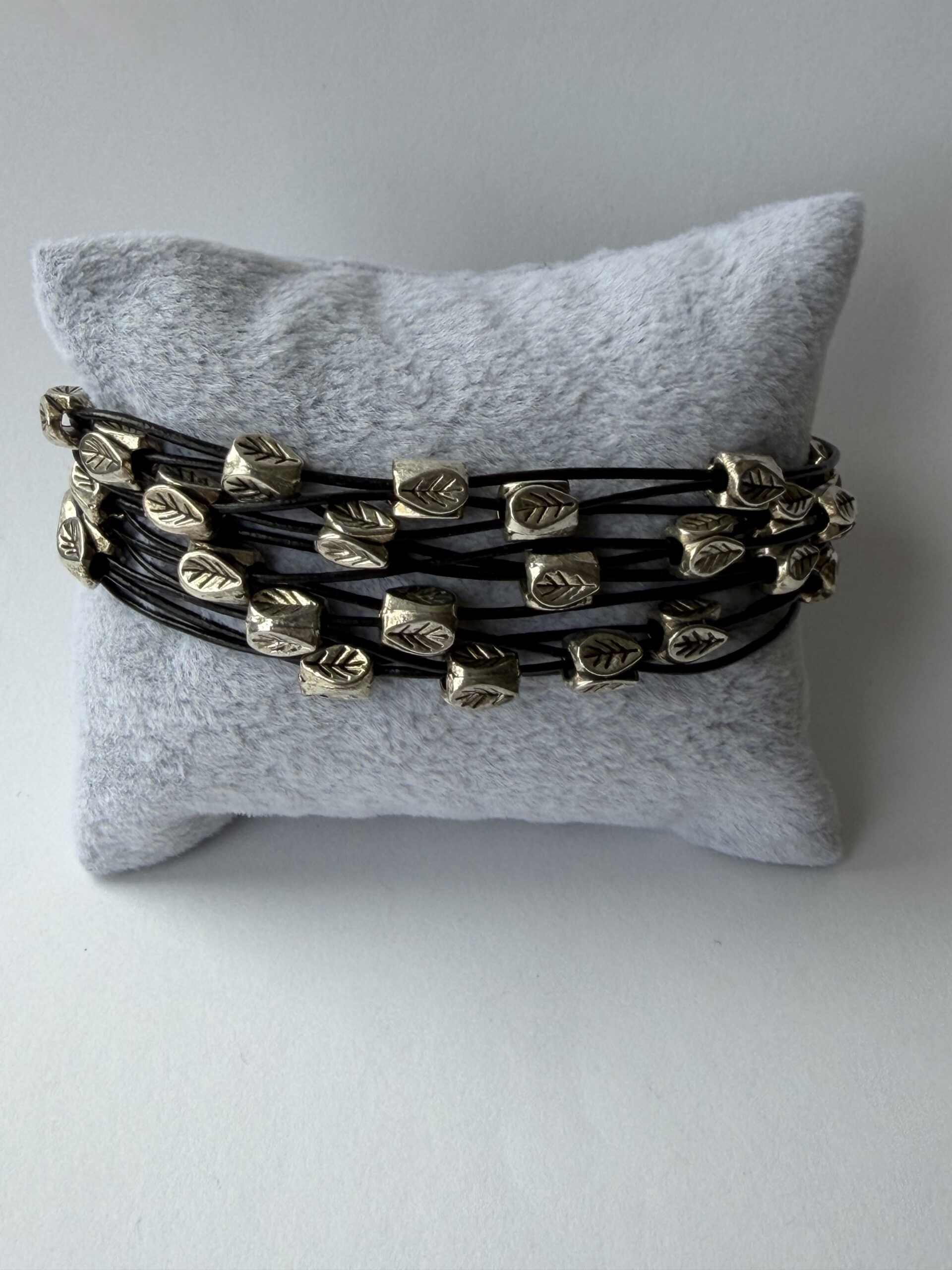 Black Leather Multi Strand Bracelet with Silver-Tone Leaf Beads – Lobster Clasp — view 4