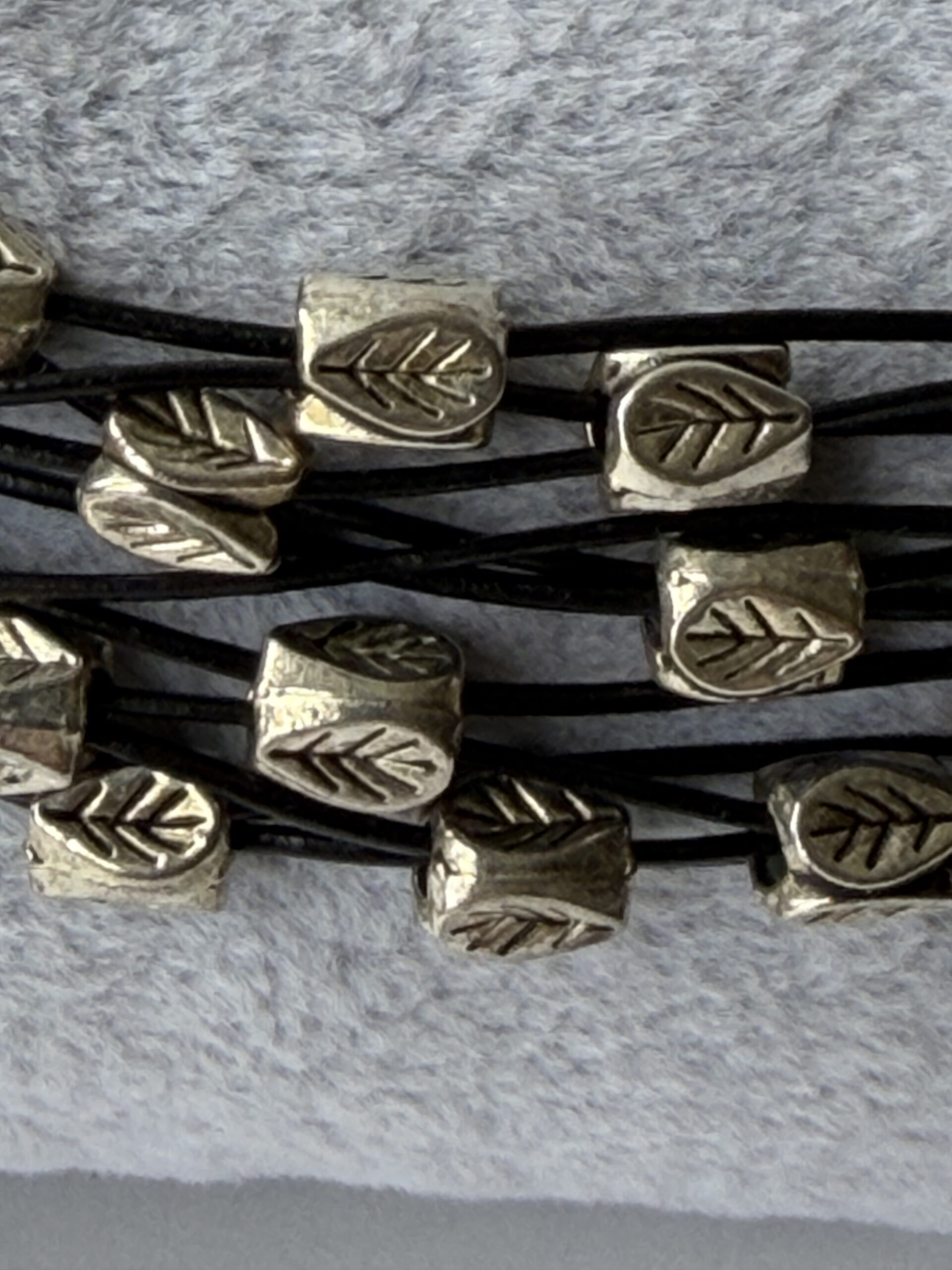 Black Leather Multi Strand Bracelet with Silver-Tone Leaf Beads – Lobster Clasp — view 5