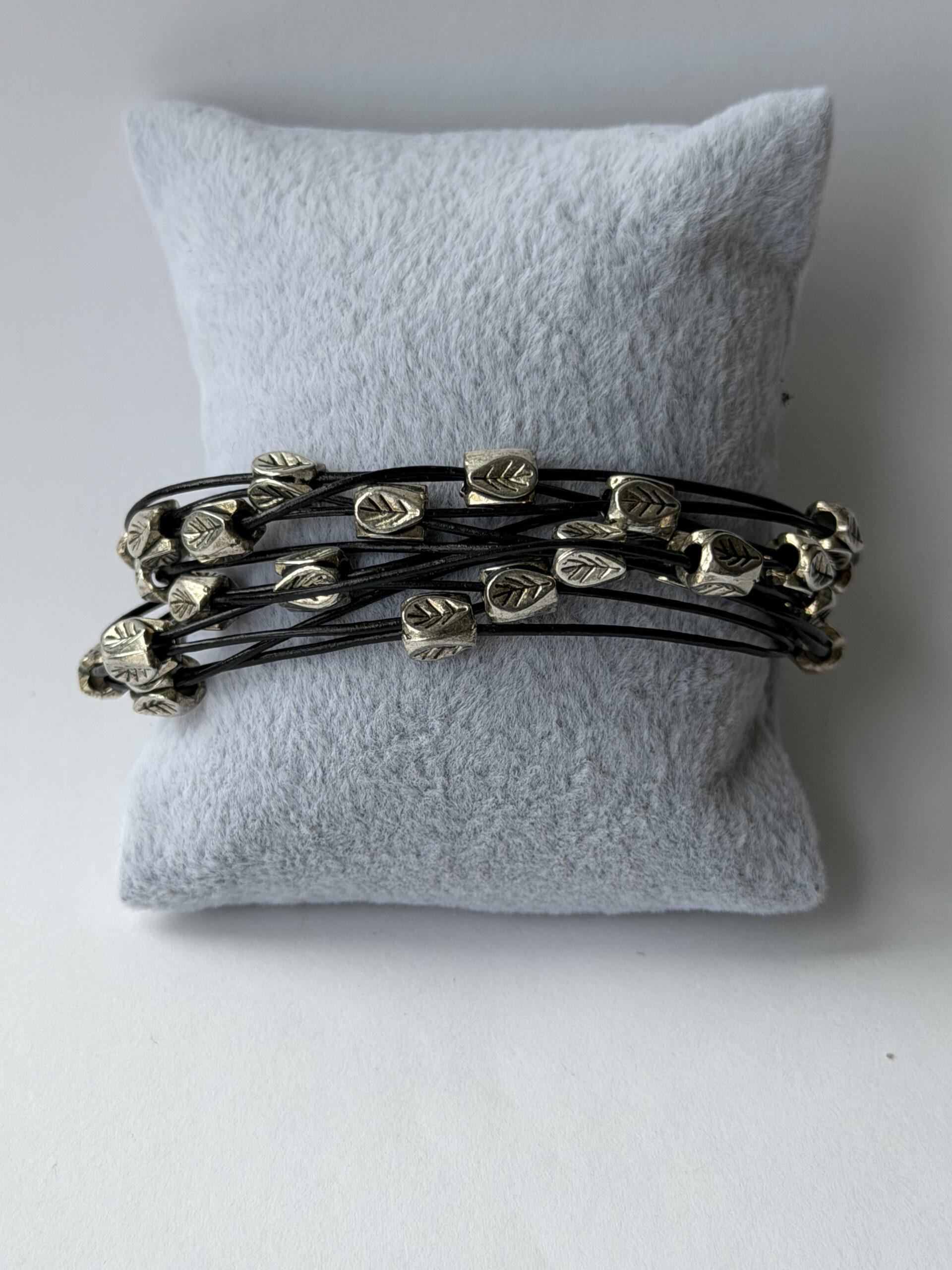 Black Leather Multi Strand Bracelet with Silver-Tone Leaf Beads – Lobster Clasp — view 6