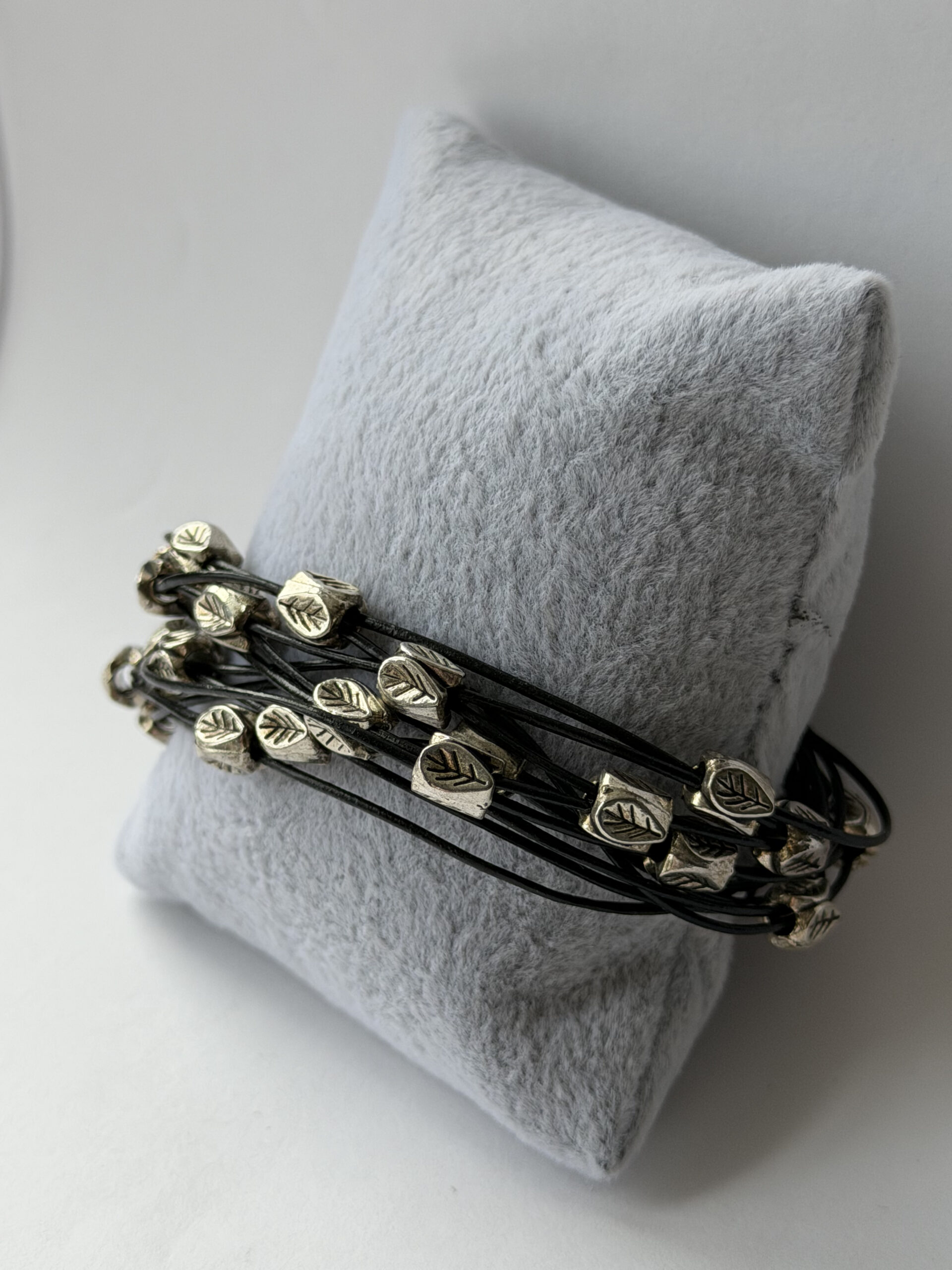 Black Leather Multi Strand Bracelet with Silver-Tone Leaf Beads – Lobster Clasp — view 7