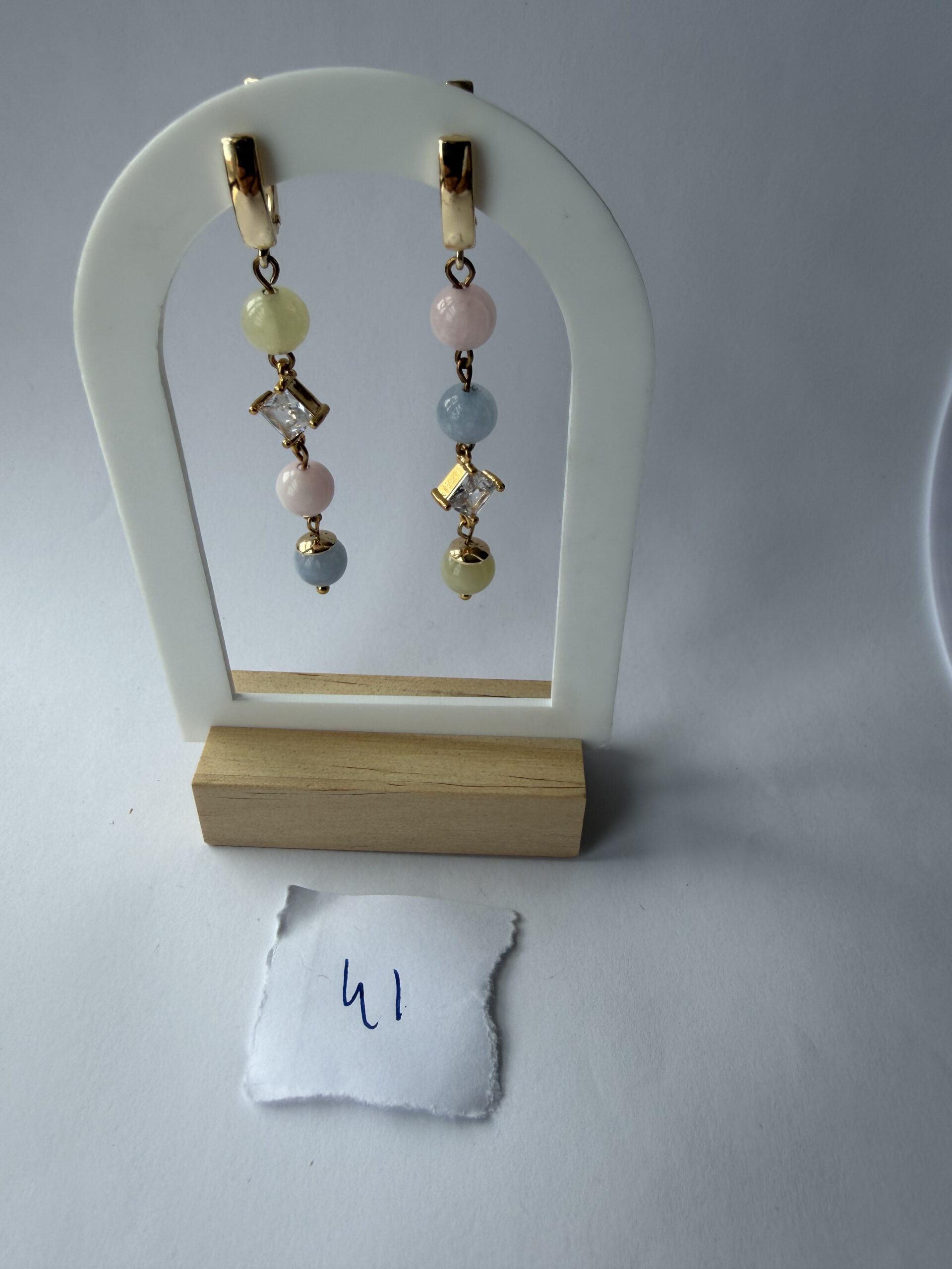 Morganite Pastel Bead Earrings – Long Gold-Tone Dangles with Square Crystal, Mismatched — view 1