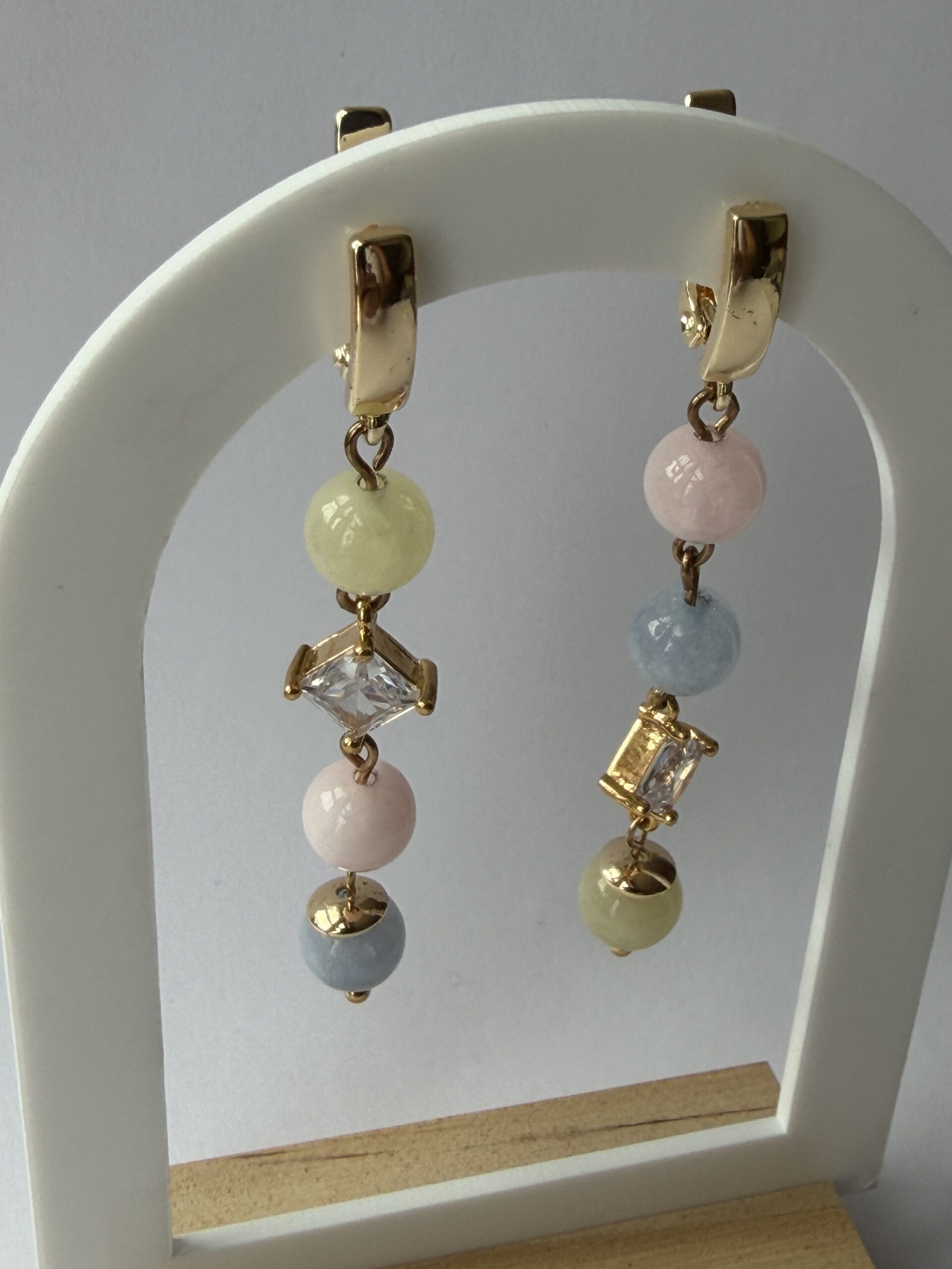 Morganite Pastel Bead Earrings – Long Gold-Tone Dangles with Square Crystal, Mismatched — view 2