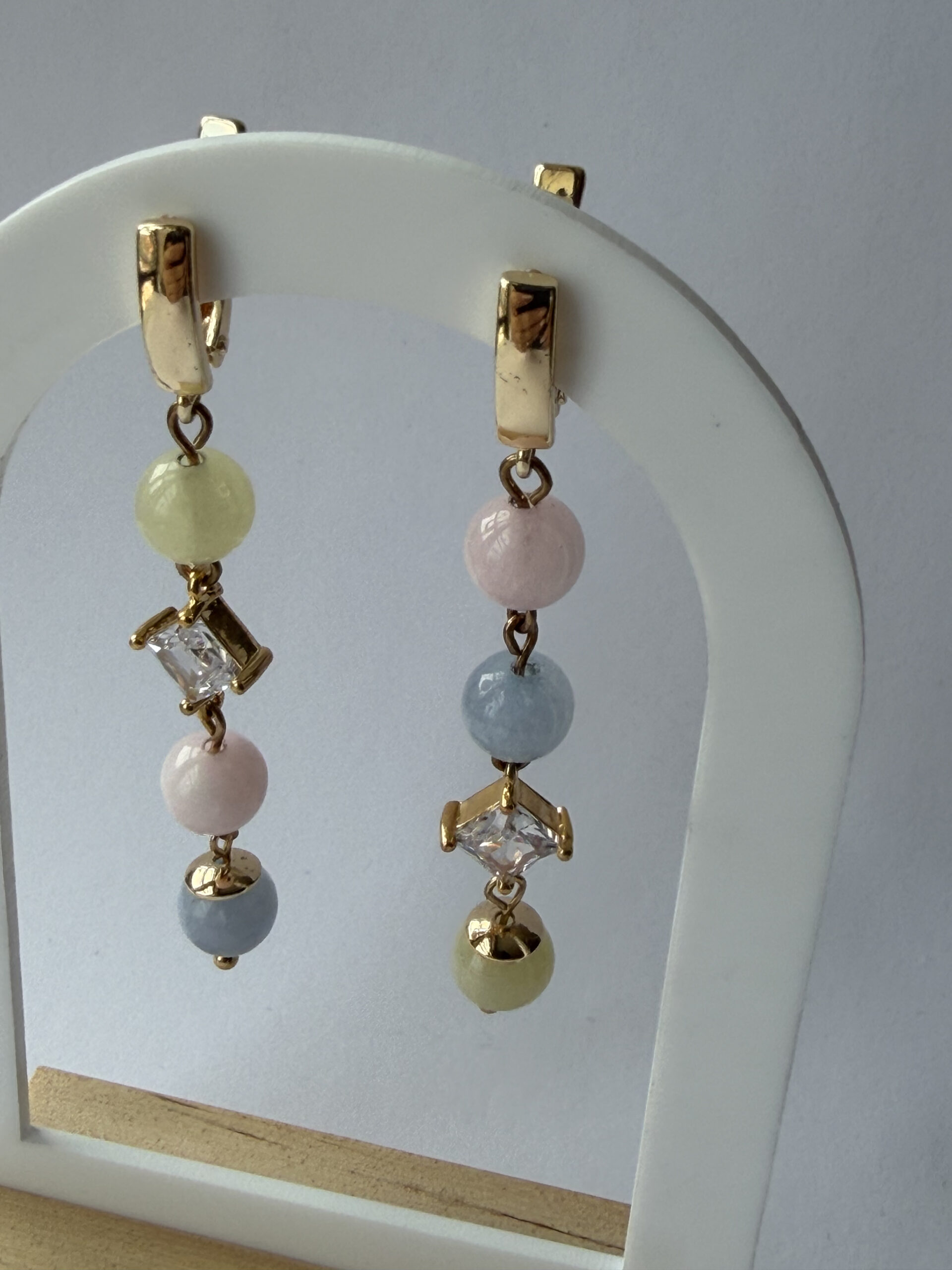 Morganite Pastel Bead Earrings – Long Gold-Tone Dangles with Square Crystal, Mismatched — view 3