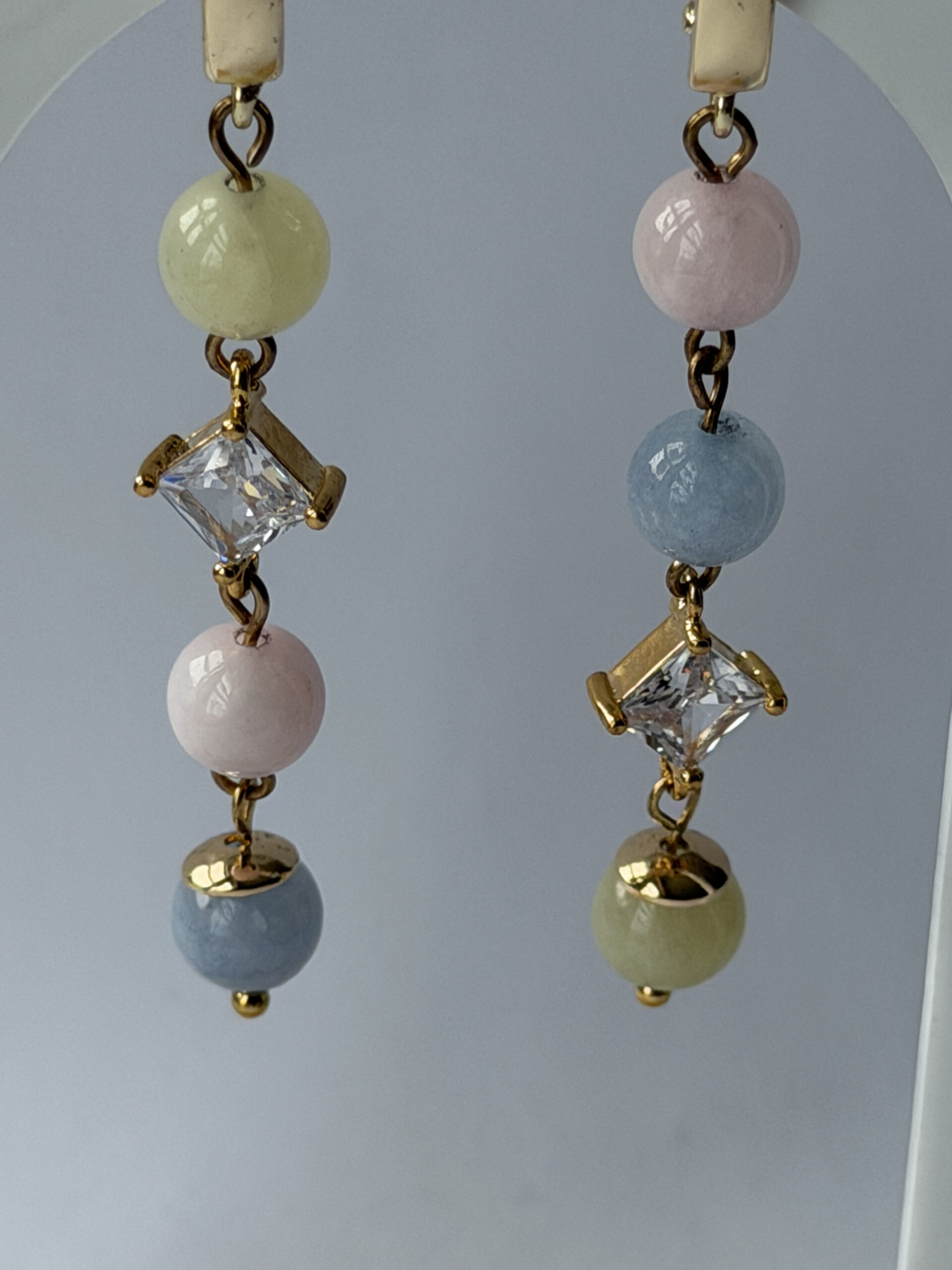 Morganite Pastel Bead Earrings – Long Gold-Tone Dangles with Square Crystal, Mismatched — view 4