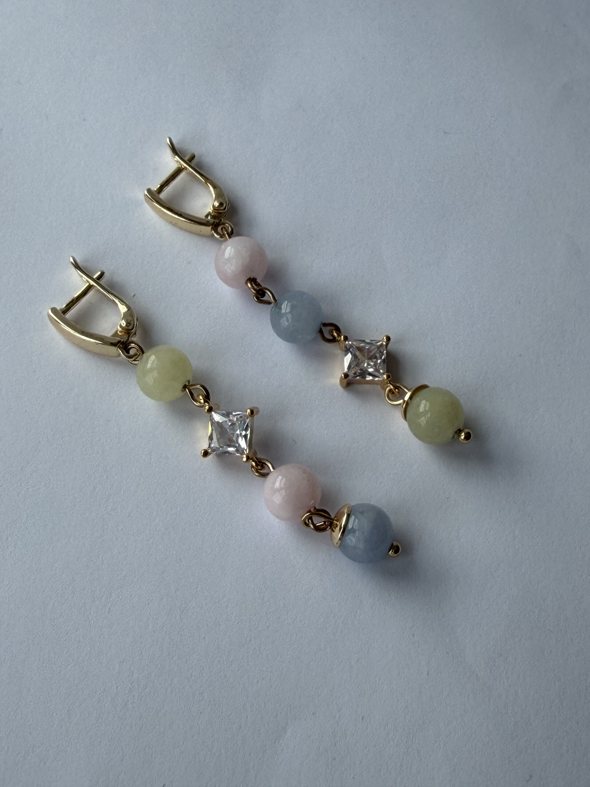 Morganite Pastel Bead Earrings – Long Gold-Tone Dangles with Square Crystal, Mismatched — view 5