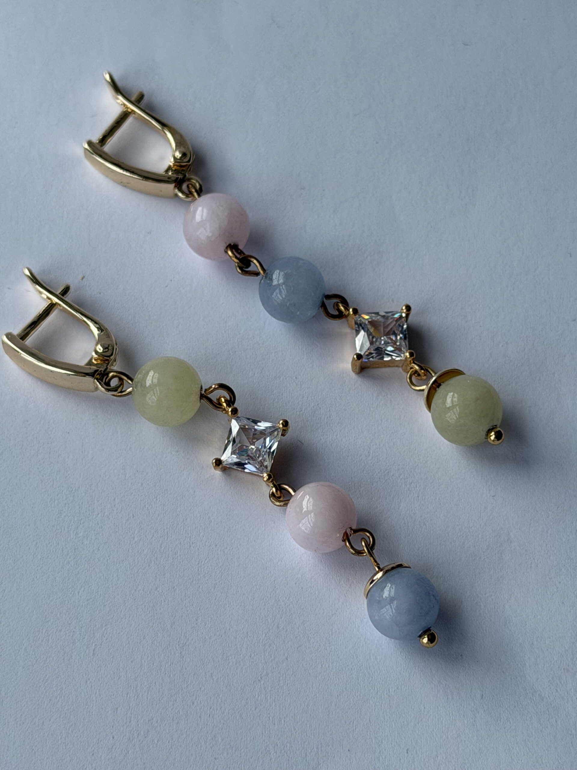 Morganite Pastel Bead Earrings – Long Gold-Tone Dangles with Square Crystal, Mismatched — view 6