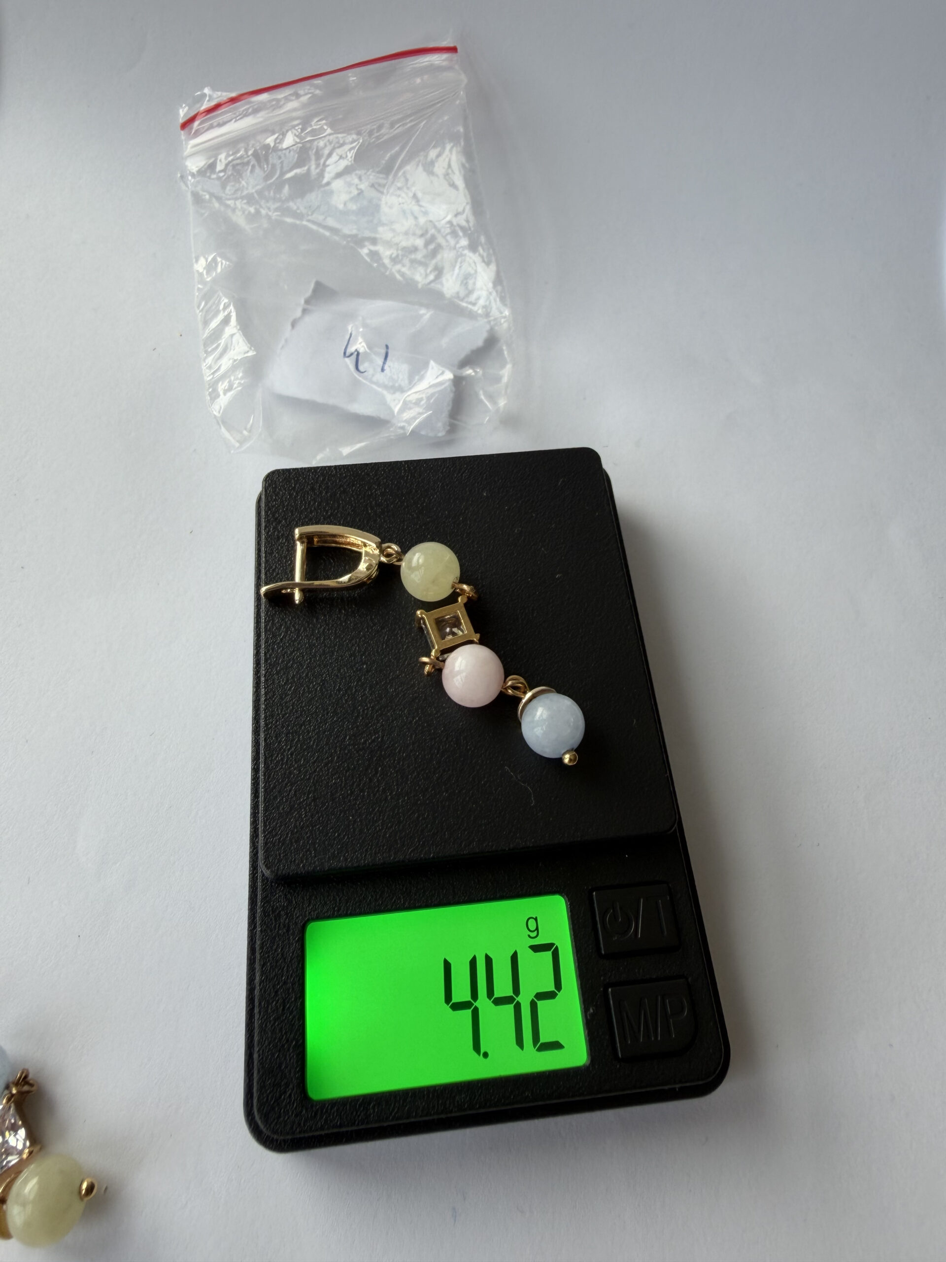 Morganite Pastel Bead Earrings – Long Gold-Tone Dangles with Square Crystal, Mismatched — view 7