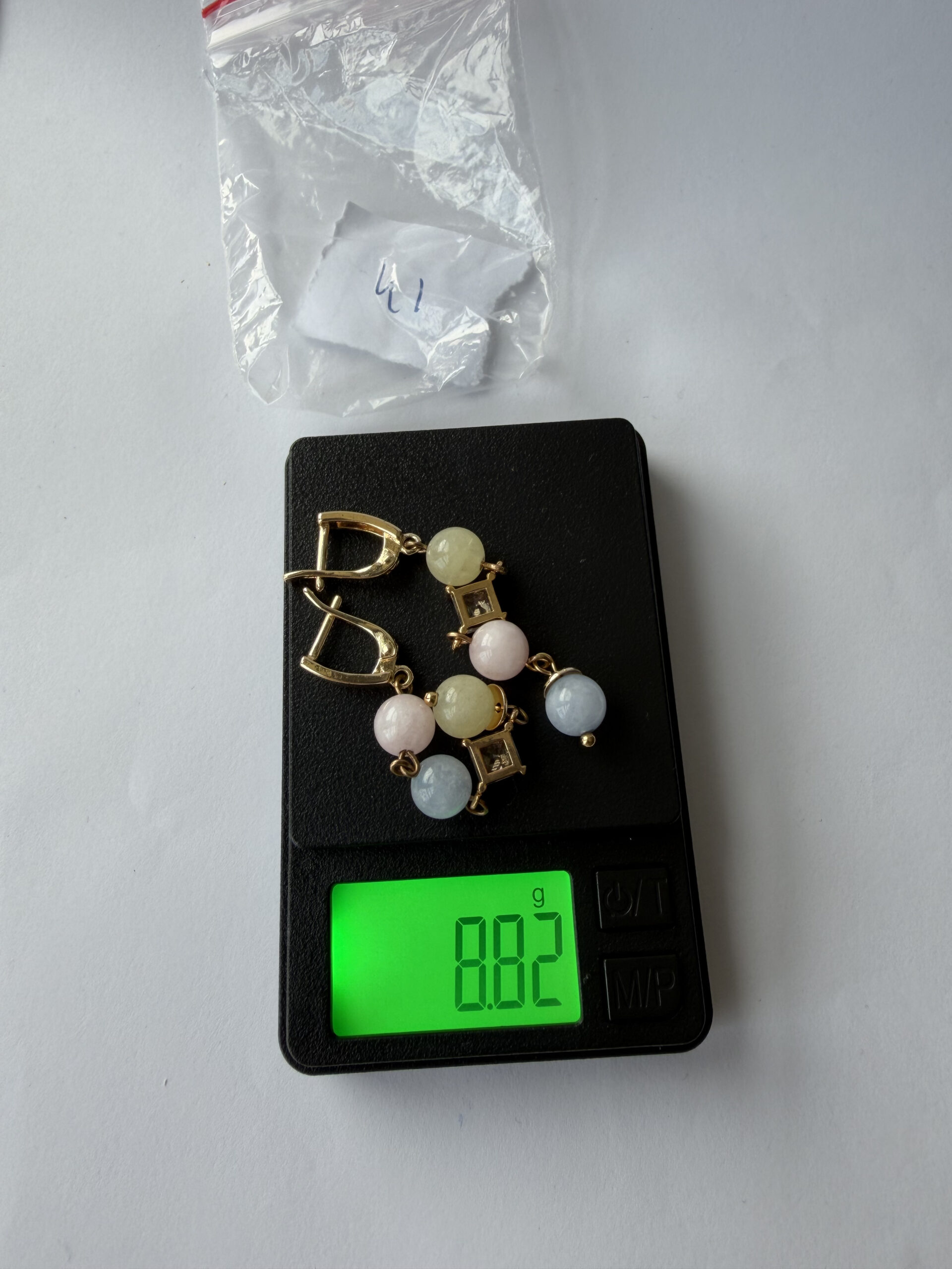 Morganite Pastel Bead Earrings – Long Gold-Tone Dangles with Square Crystal, Mismatched — view 8