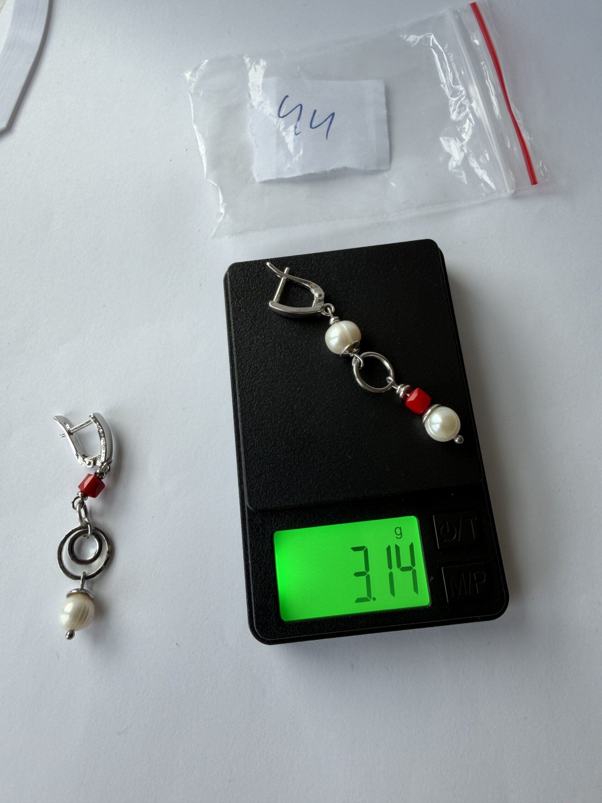 Mismatched Pearl and Red Cube Earrings – Asymmetric Silver-Tone Dangles with Open Rings — view 1