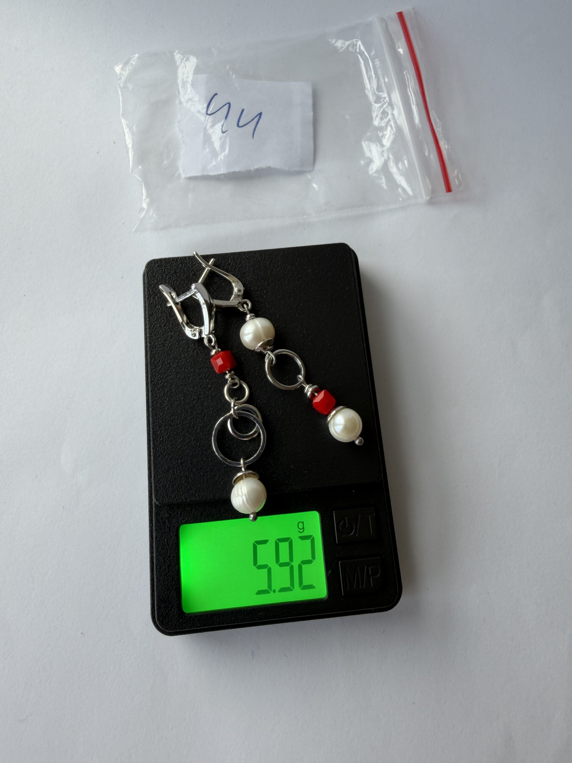 Mismatched Pearl and Red Cube Earrings – Asymmetric Silver-Tone Dangles with Open Rings — view 2