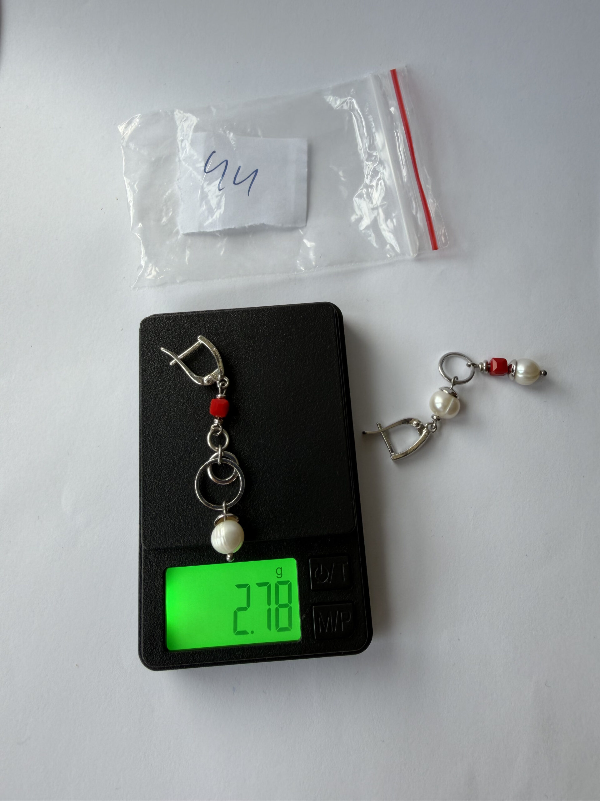 Mismatched Pearl and Red Cube Earrings – Asymmetric Silver-Tone Dangles with Open Rings — view 3